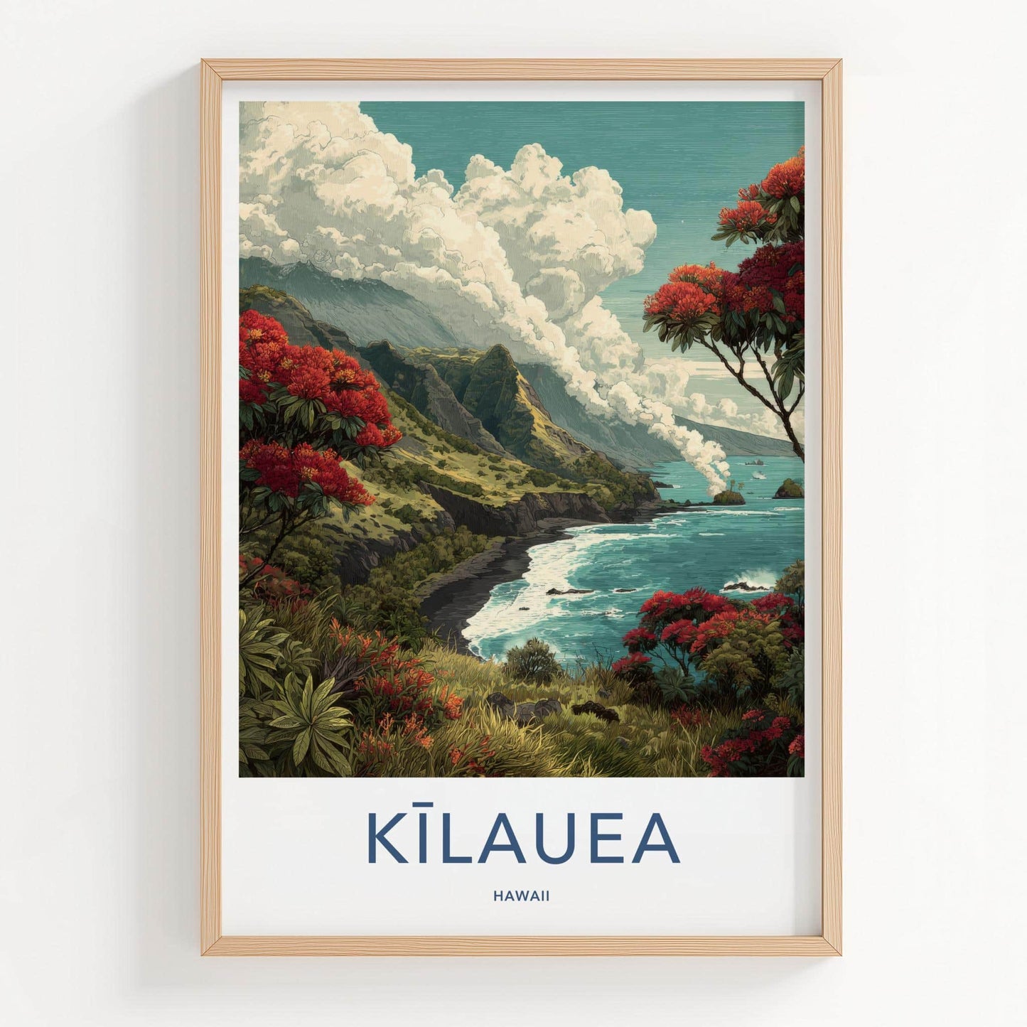 Kilauea Poster - Hawaii Travel Art - Volcanic Coastline Flowers Home Decor