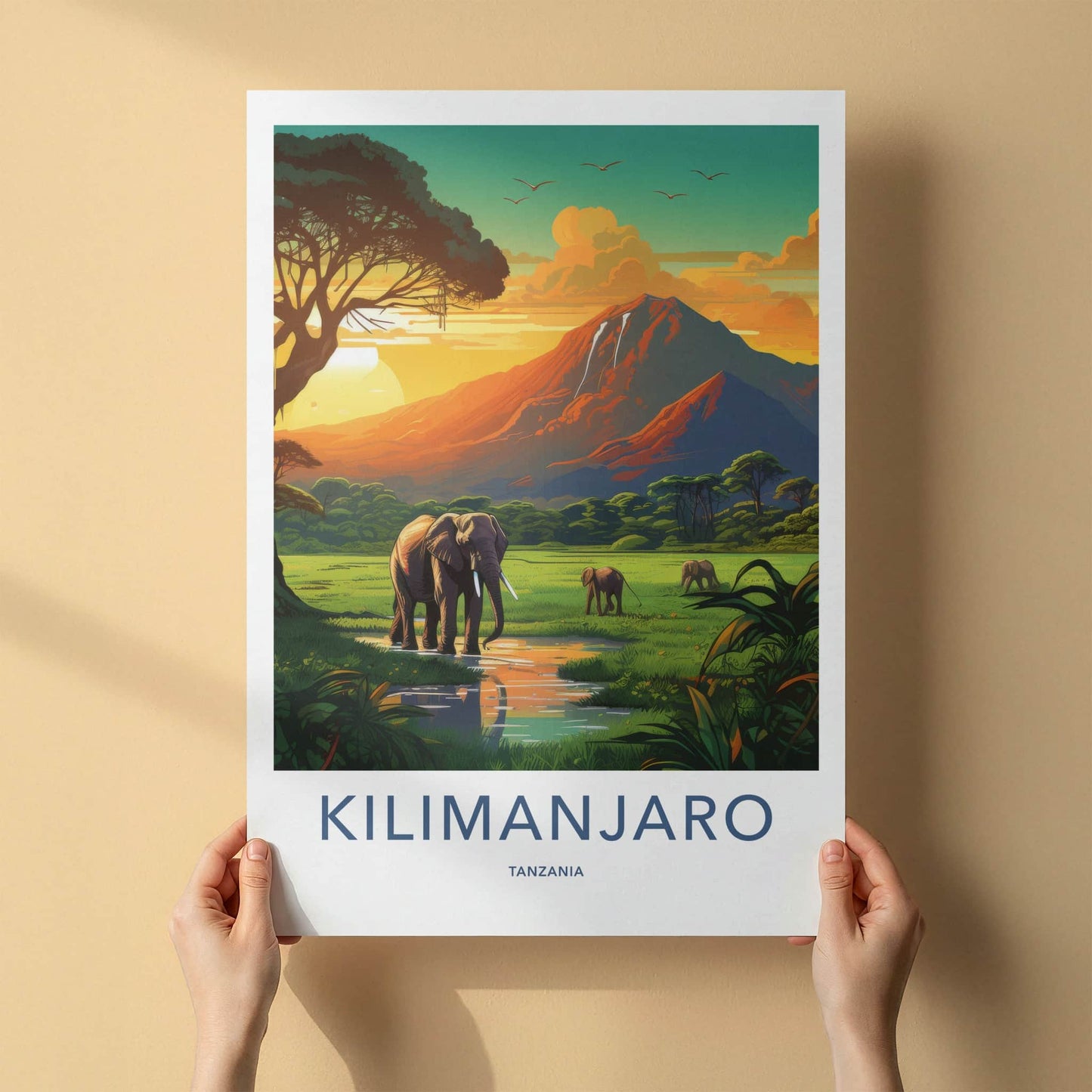Kilimanjaro Poster - Tanzania Travel Art - Elephants Golden Sunset Home Decor