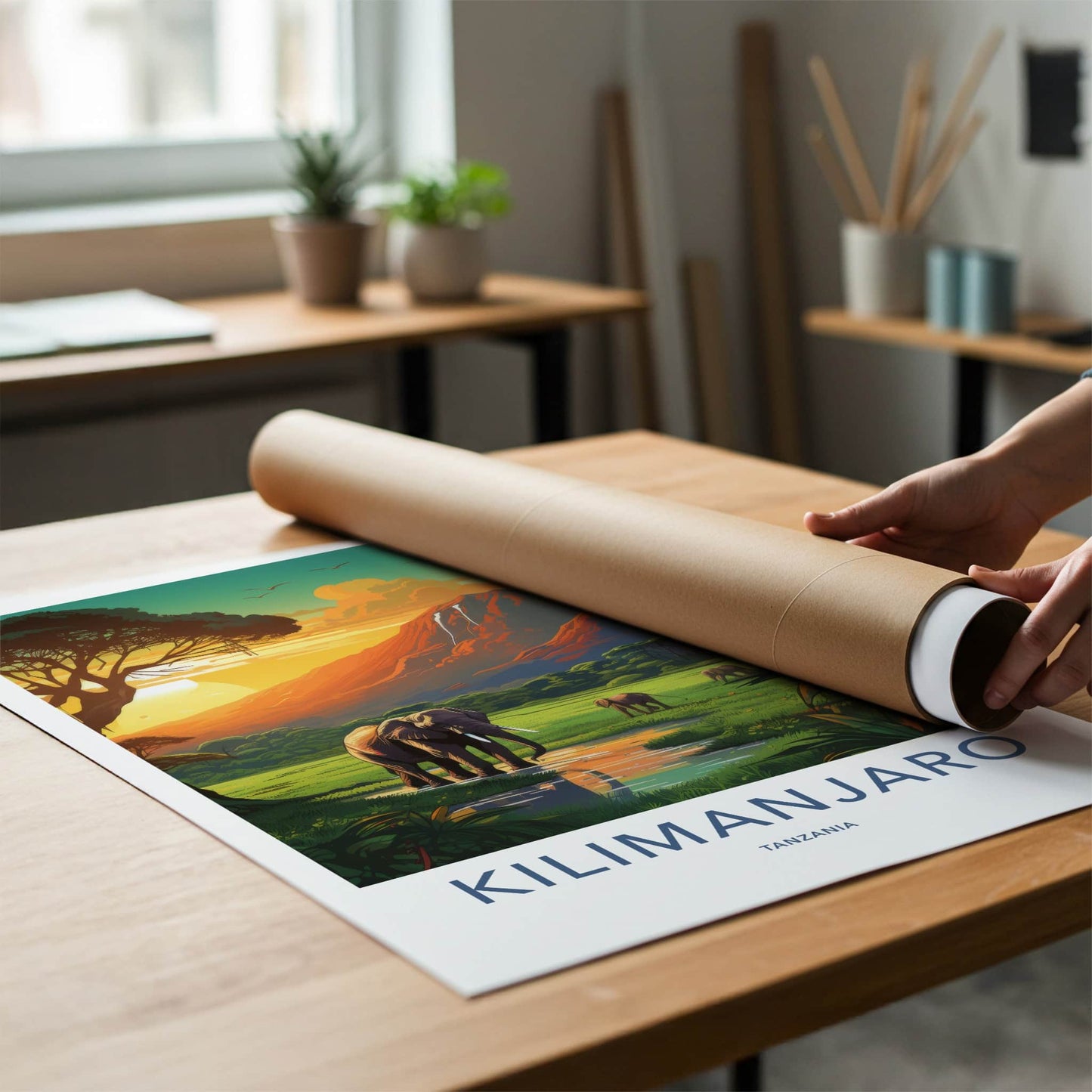 Kilimanjaro Poster - Tanzania Travel Art - Elephants Golden Sunset Home Decor