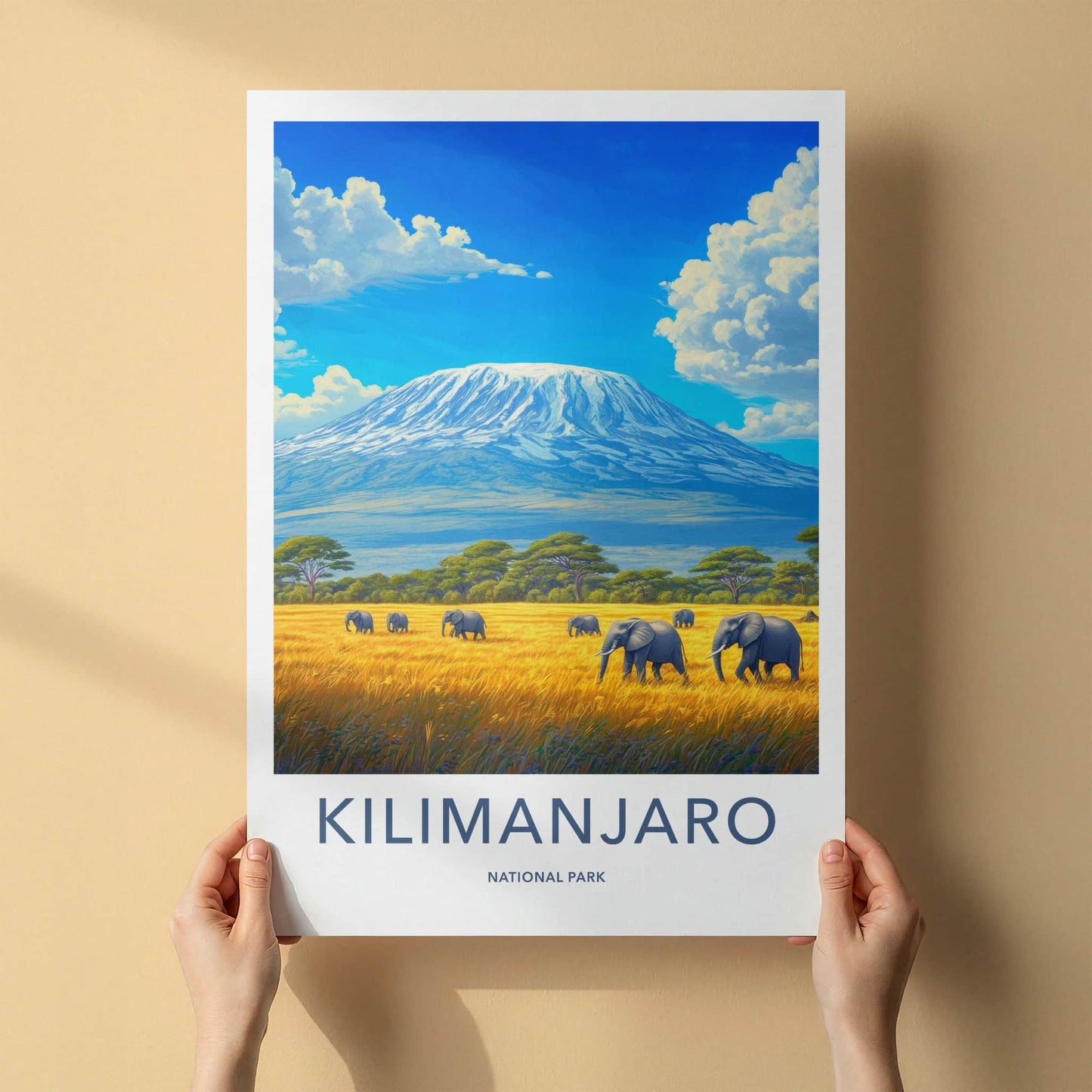 Kilimanjaro Poster - Tanzania Travel Art - Elephants Mountain Savanna Home Decor
