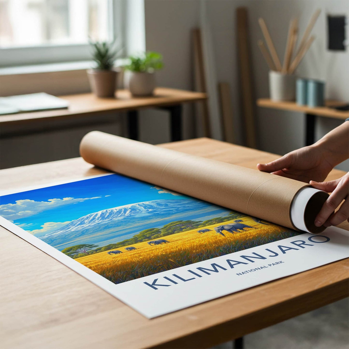 Kilimanjaro Poster - Tanzania Travel Art - Elephants Mountain Savanna Home Decor