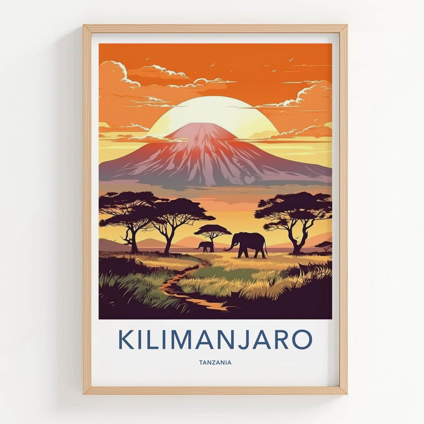 Kilimanjaro Poster - Tanzania Travel Art - Elephants Sunset Mountain Home Decor