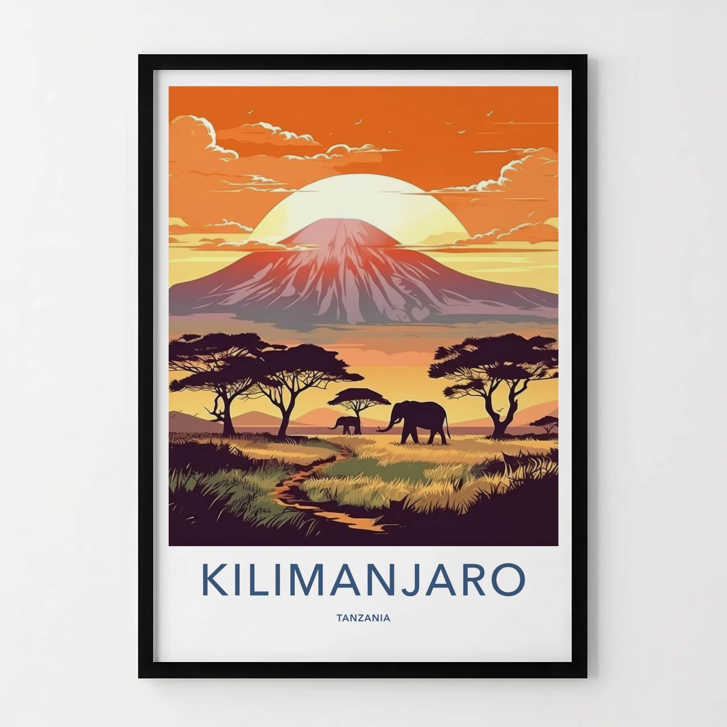 Kilimanjaro Poster - Tanzania Travel Art - Elephants Sunset Mountain Home Decor