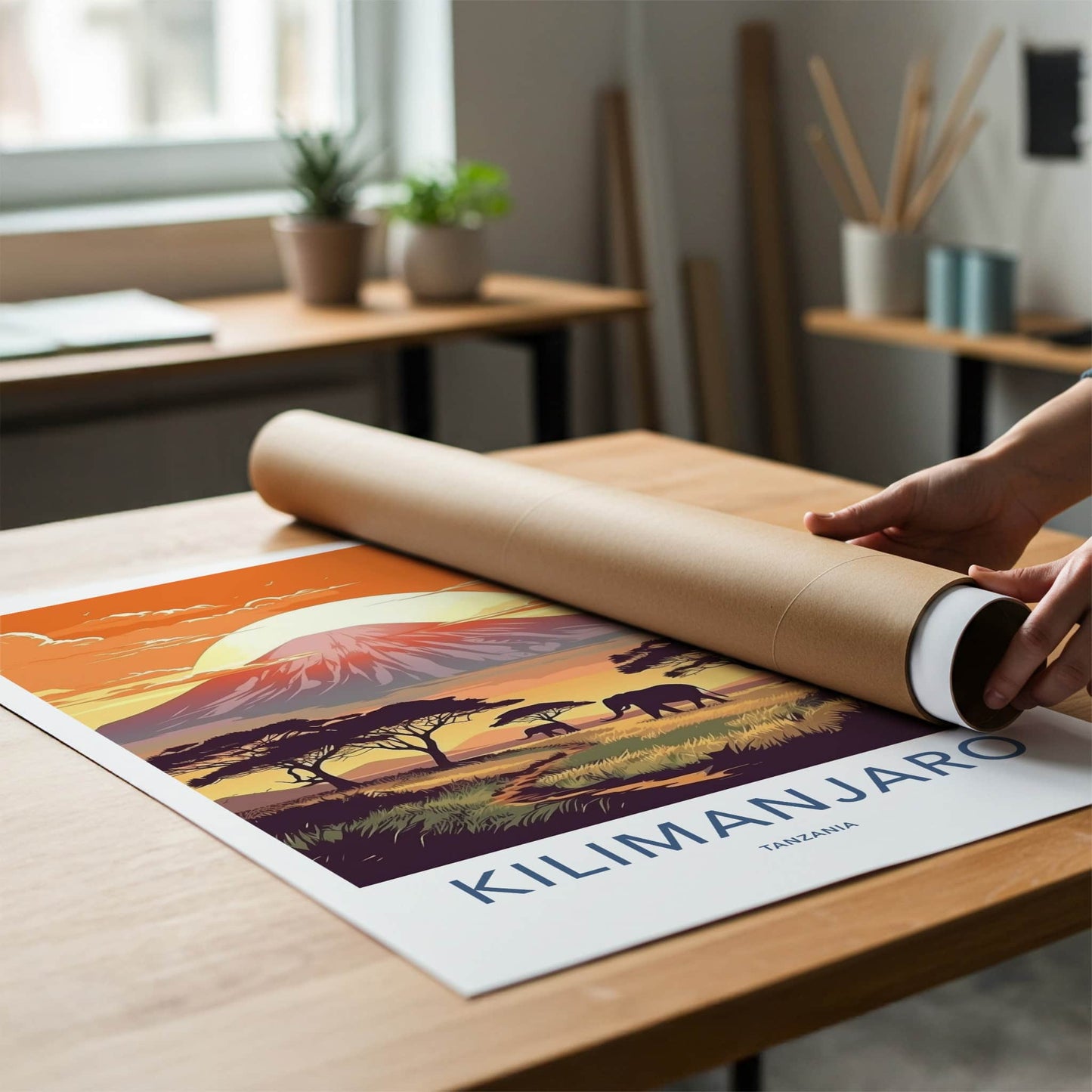 Kilimanjaro Poster - Tanzania Travel Art - Elephants Sunset Mountain Home Decor