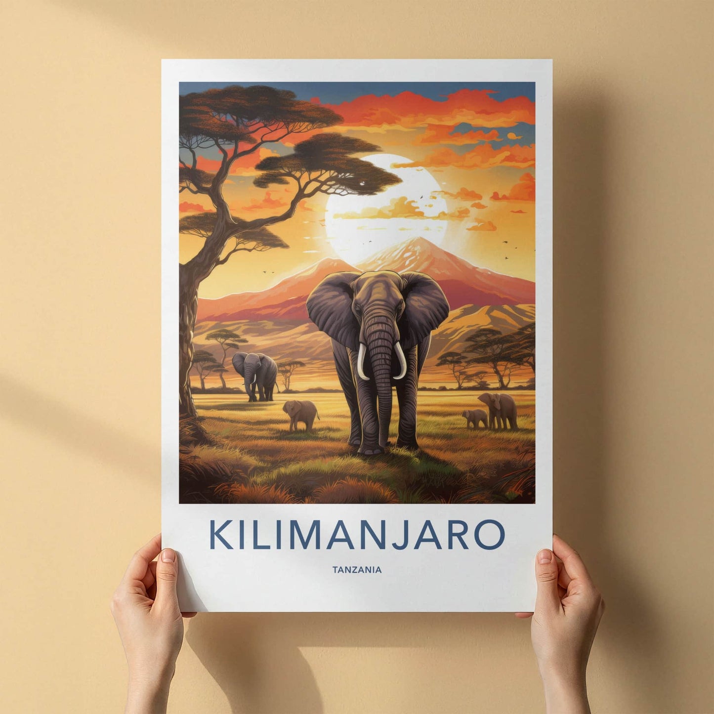 Kilimanjaro Poster - Tanzania Travel Art - Elephants Sunset Savanna Home Decor