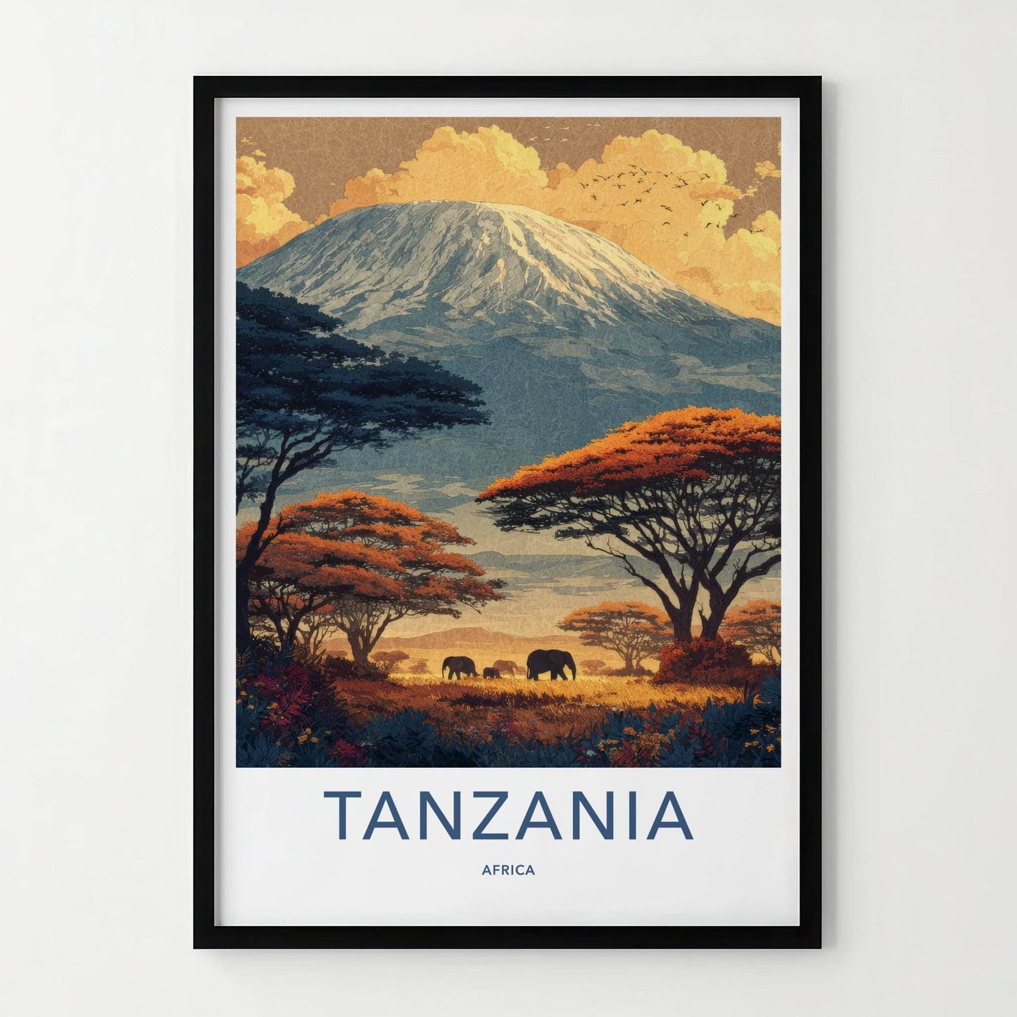 Kilimanjaro Poster - Tanzania Travel Art - Elephants Sunset Savanna Home Decor