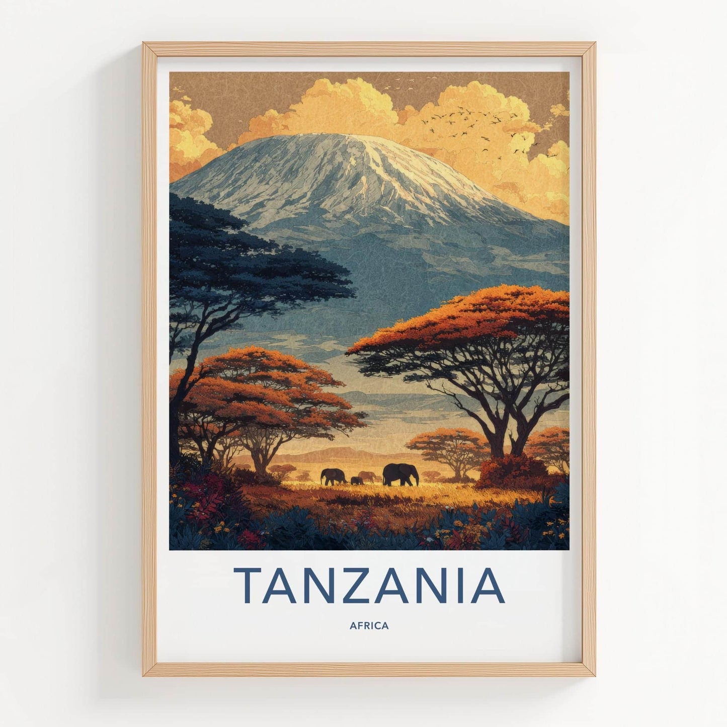 Kilimanjaro Poster - Tanzania Travel Art - Elephants Sunset Savanna Home Decor