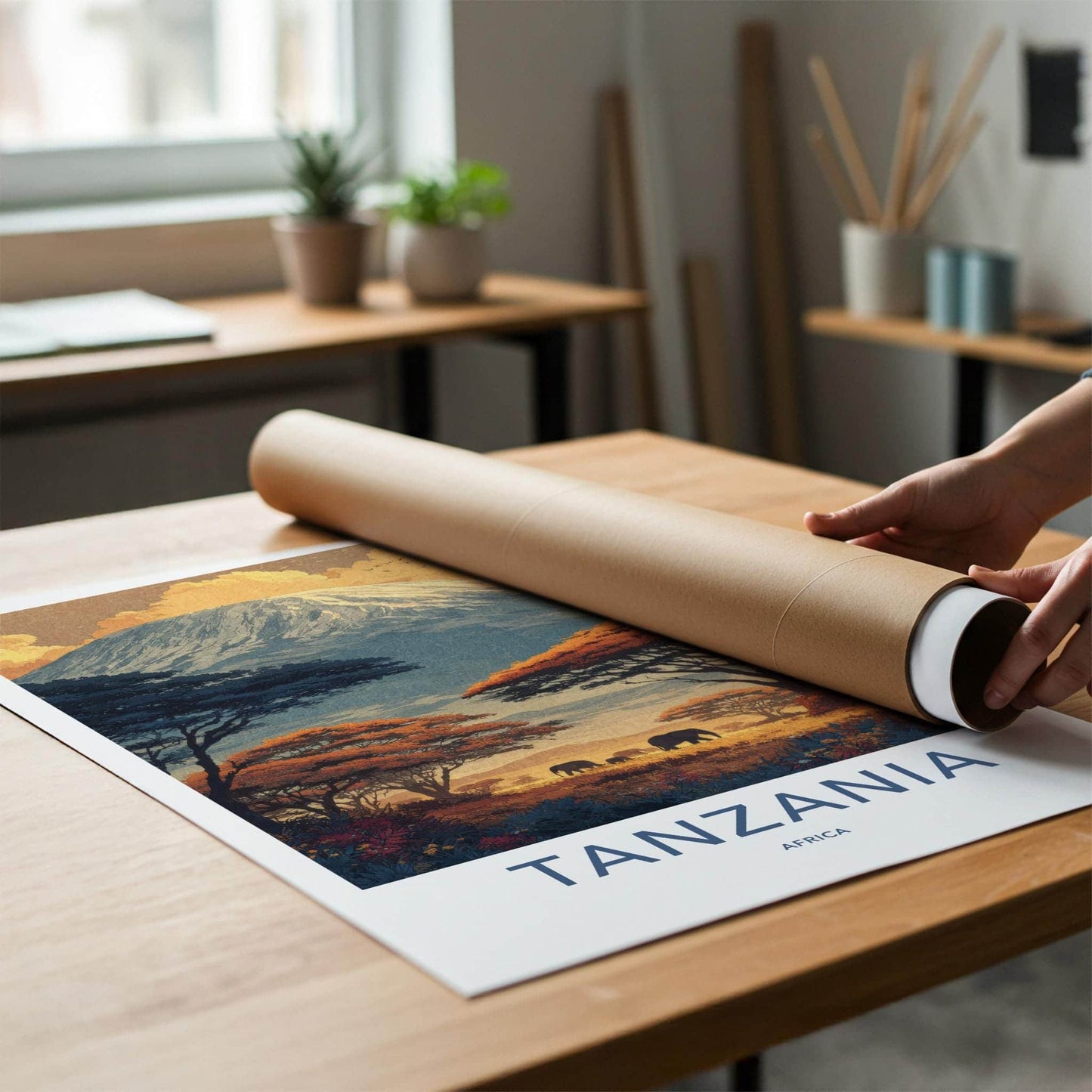 Kilimanjaro Poster - Tanzania Travel Art - Elephants Sunset Savanna Home Decor