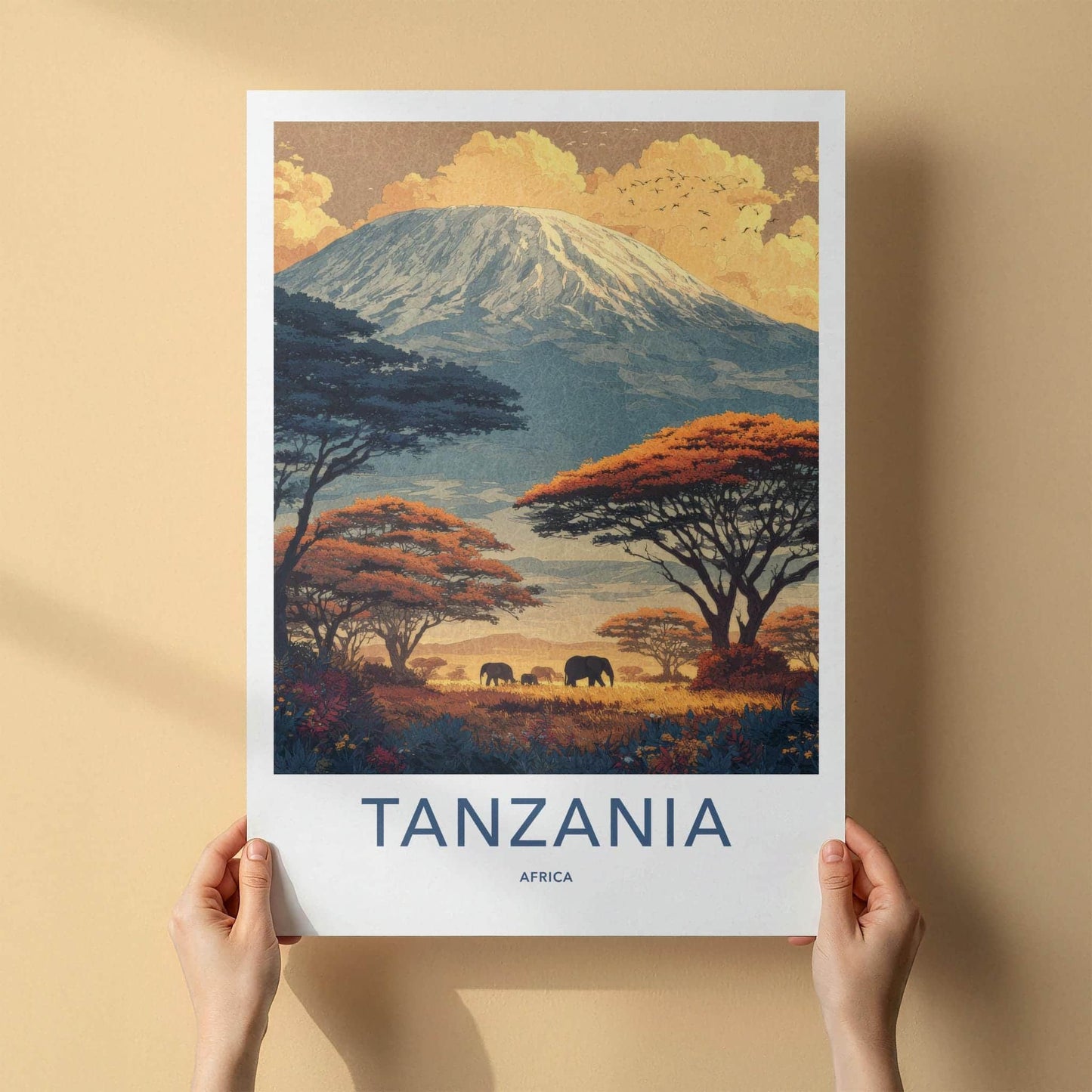 Kilimanjaro Poster - Tanzania Travel Art - Elephants Sunset Savanna Home Decor