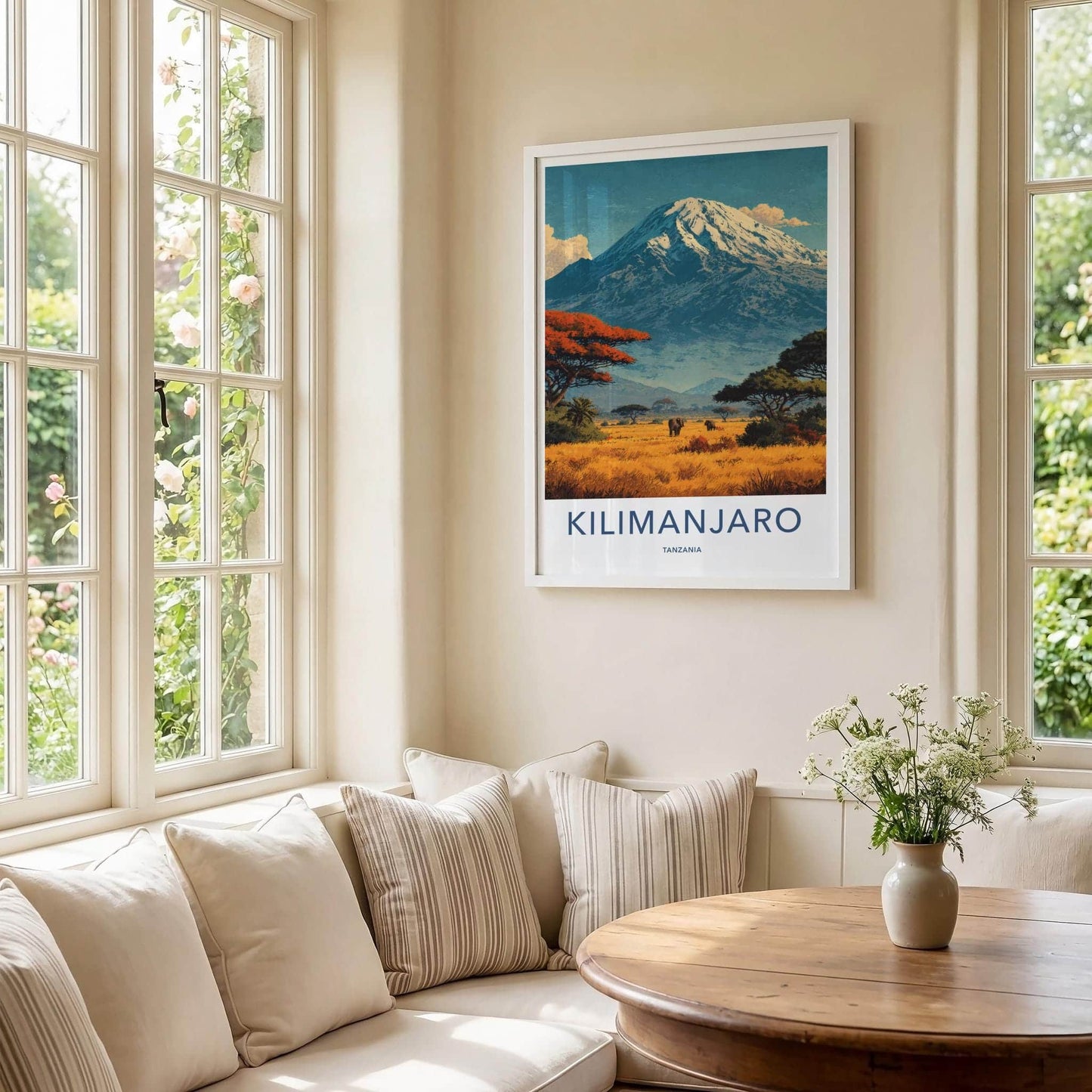 Kilimanjaro Poster - Tanzania Travel Art - Savanna Elephants Peak Home Decor
