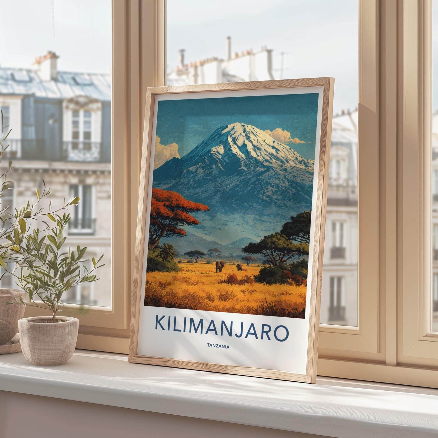 Kilimanjaro Poster - Tanzania Travel Art - Savanna Elephants Peak Home Decor