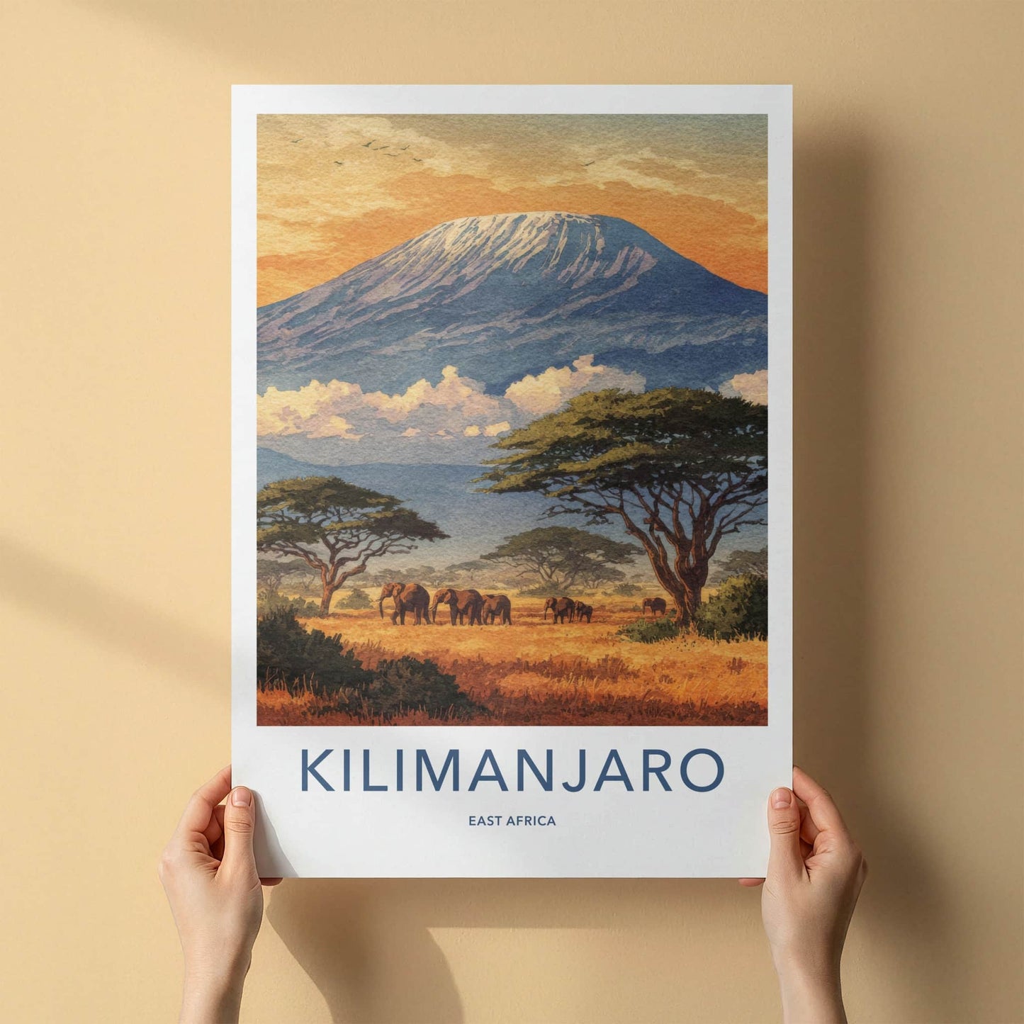Kilimanjaro Poster - Tanzania Travel Print - Sunset Elephant Wildlife Home Decor