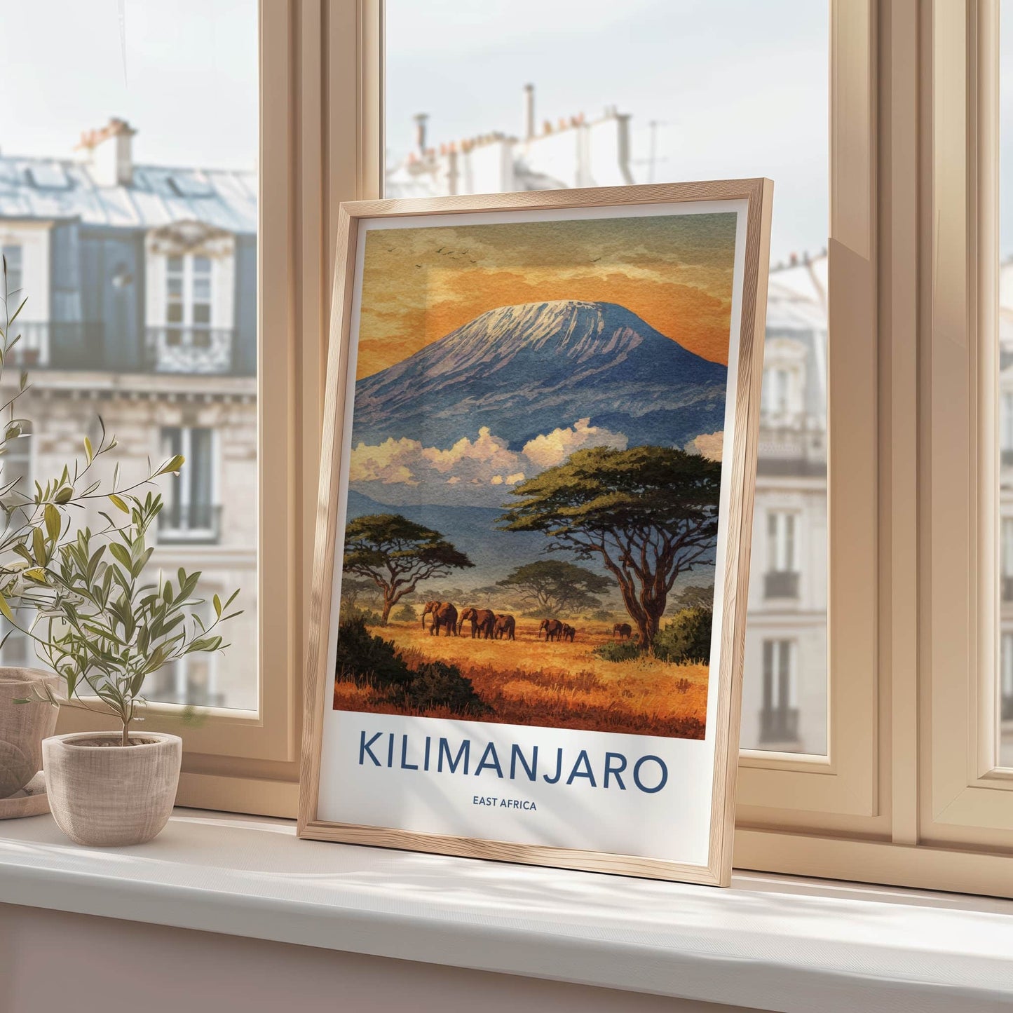 Kilimanjaro Poster - Tanzania Travel Print - Sunset Elephant Wildlife Home Decor