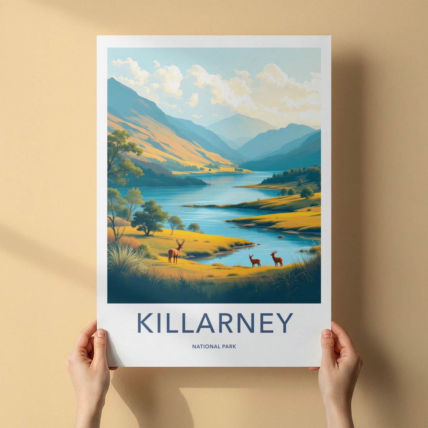 Killarney Poster - Ireland Travel Art - Mountain Lake Deer Home Decor