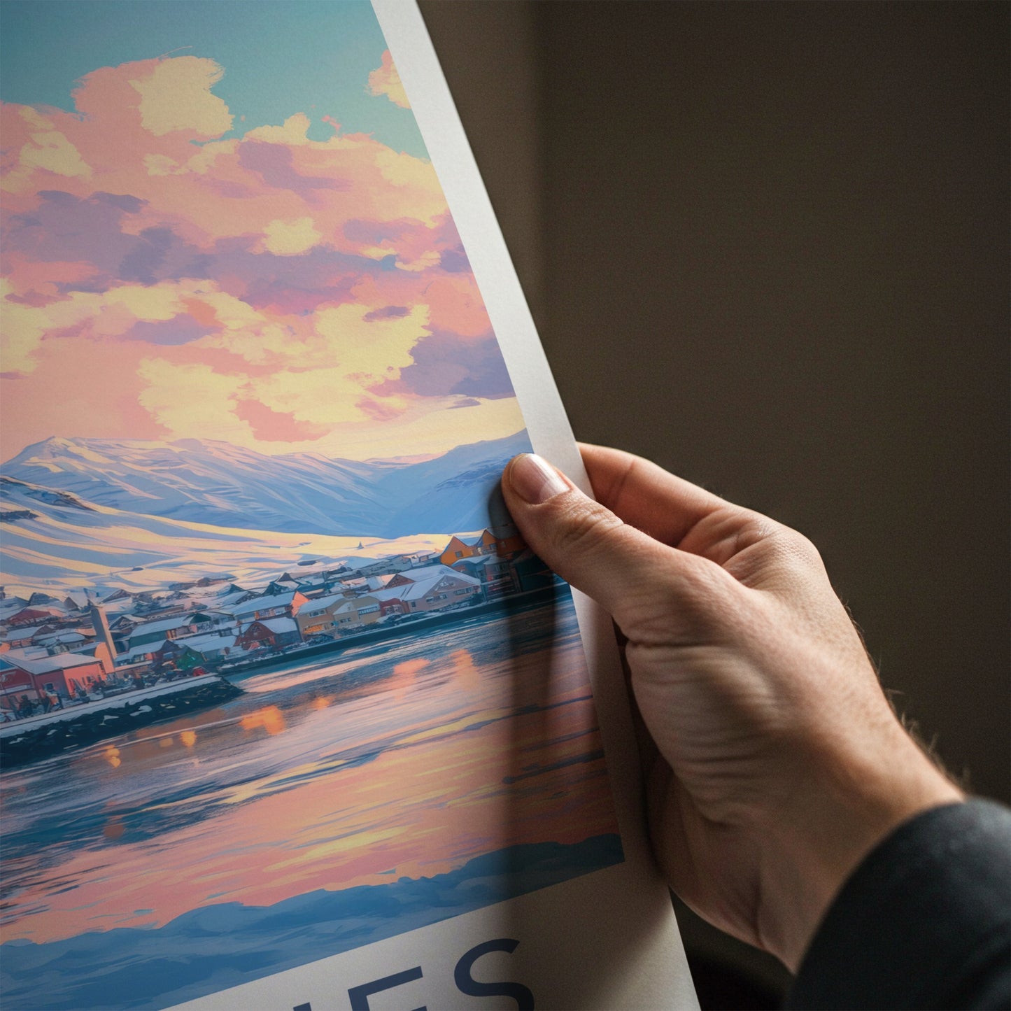 Kirkenes Poster - Norway Travel Art - Pastel Sky Mountain Home Decor