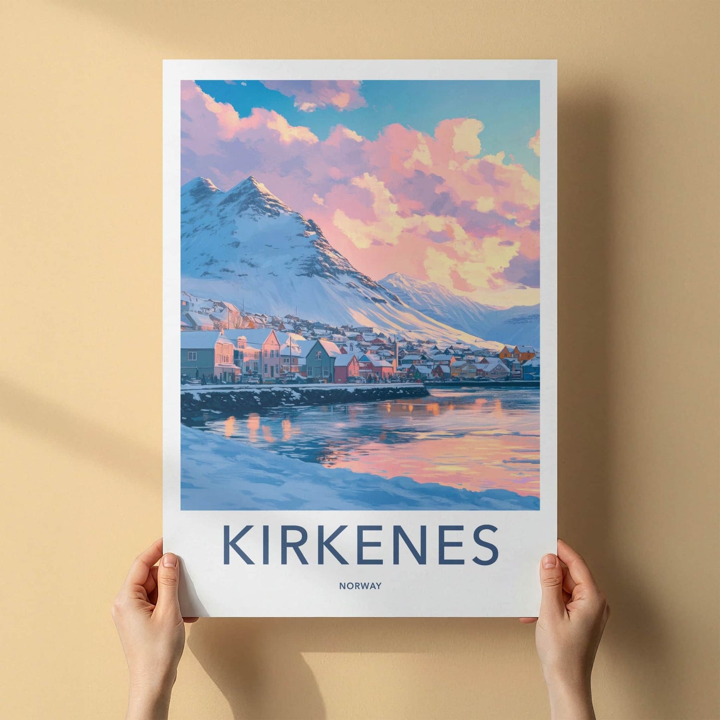 Kirkenes Poster - Norway Travel Art - Pastel Sky Mountain Home Decor