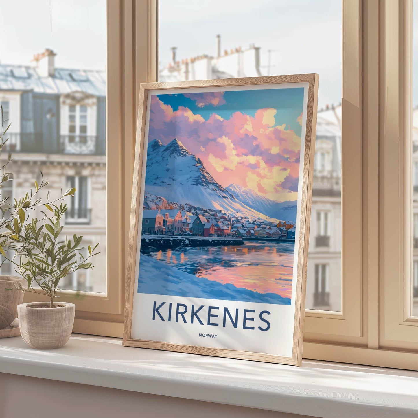 Kirkenes Poster - Norway Travel Art - Pastel Sky Mountain Home Decor