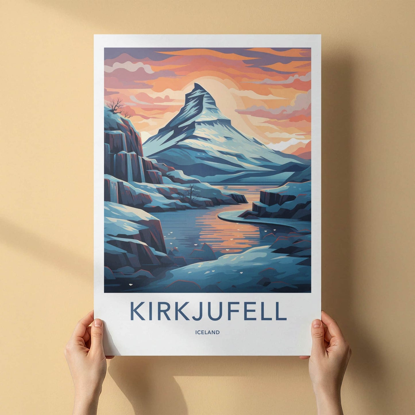 Kirkjufell Poster - Iceland Travel Art - Icy Peak Sunset Wall Decor