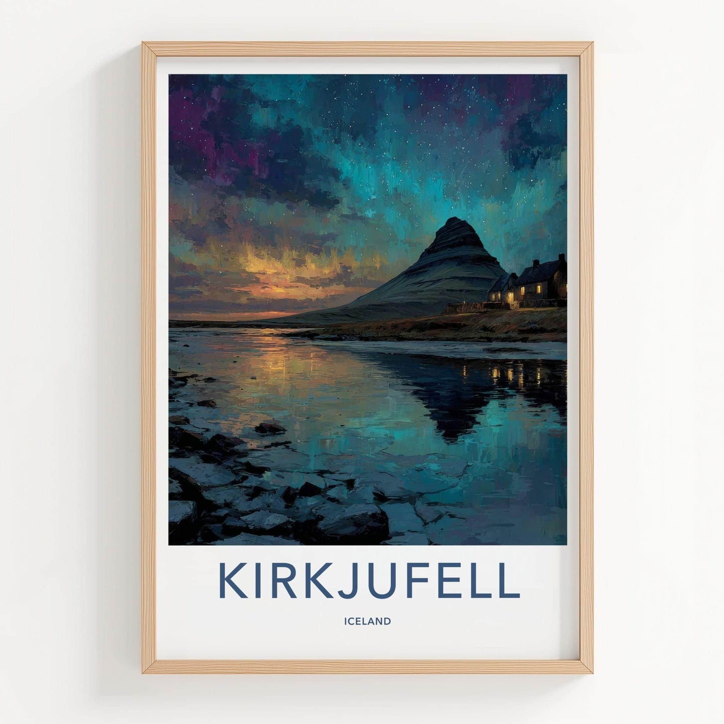Kirkjufell Poster - Iceland Travel Art - Northern Lights Reflection Home Decor