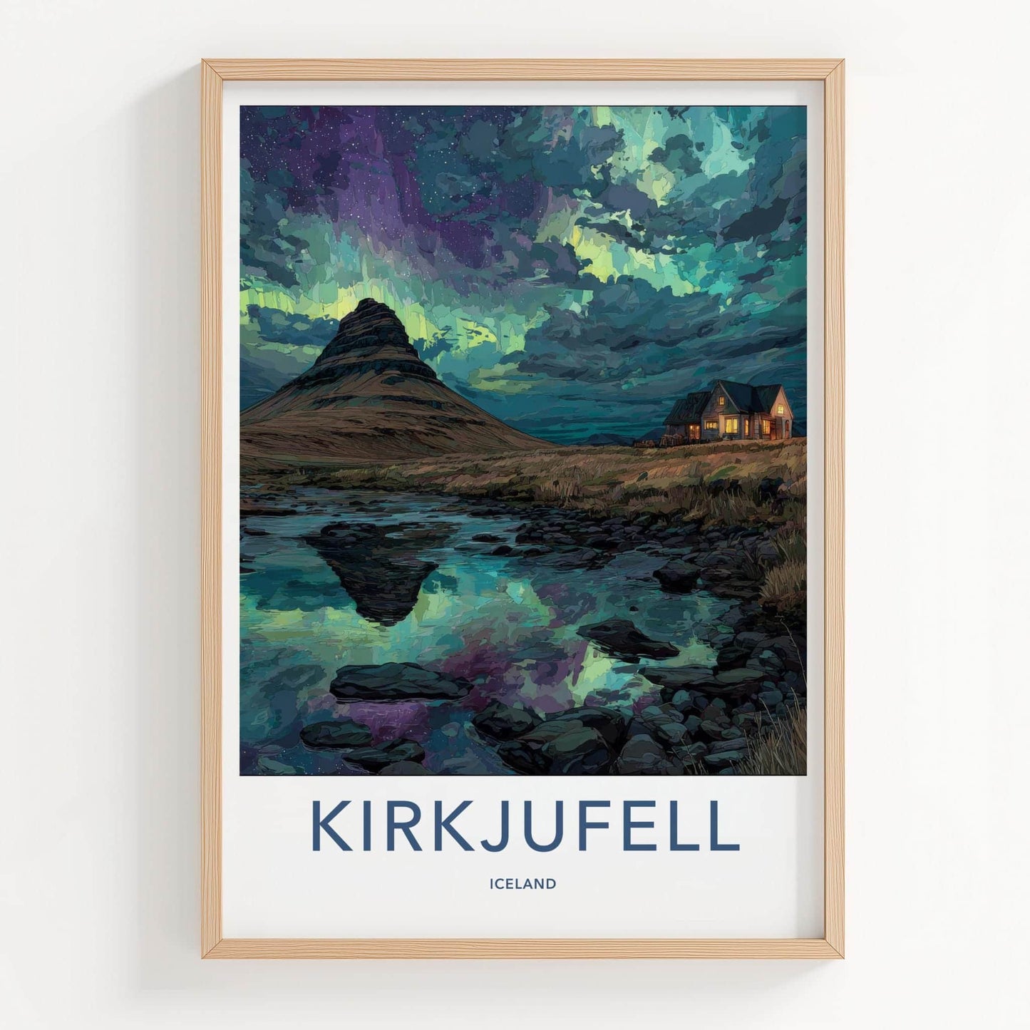 Kirkjufell Poster - Iceland Travel Art - Northern Lights Reflection Home Decor