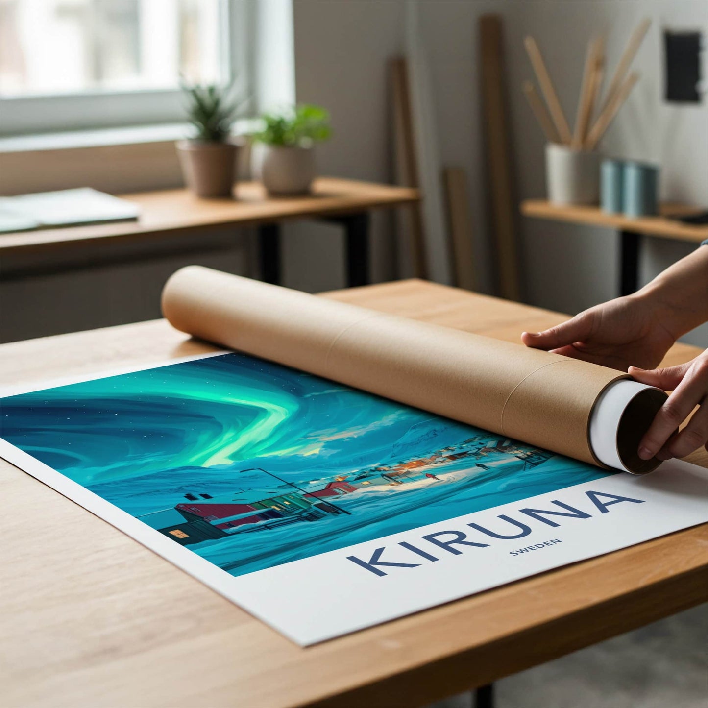 Kiruna Poster - Sweden Travel Art - Northern Lights Village Home Decor