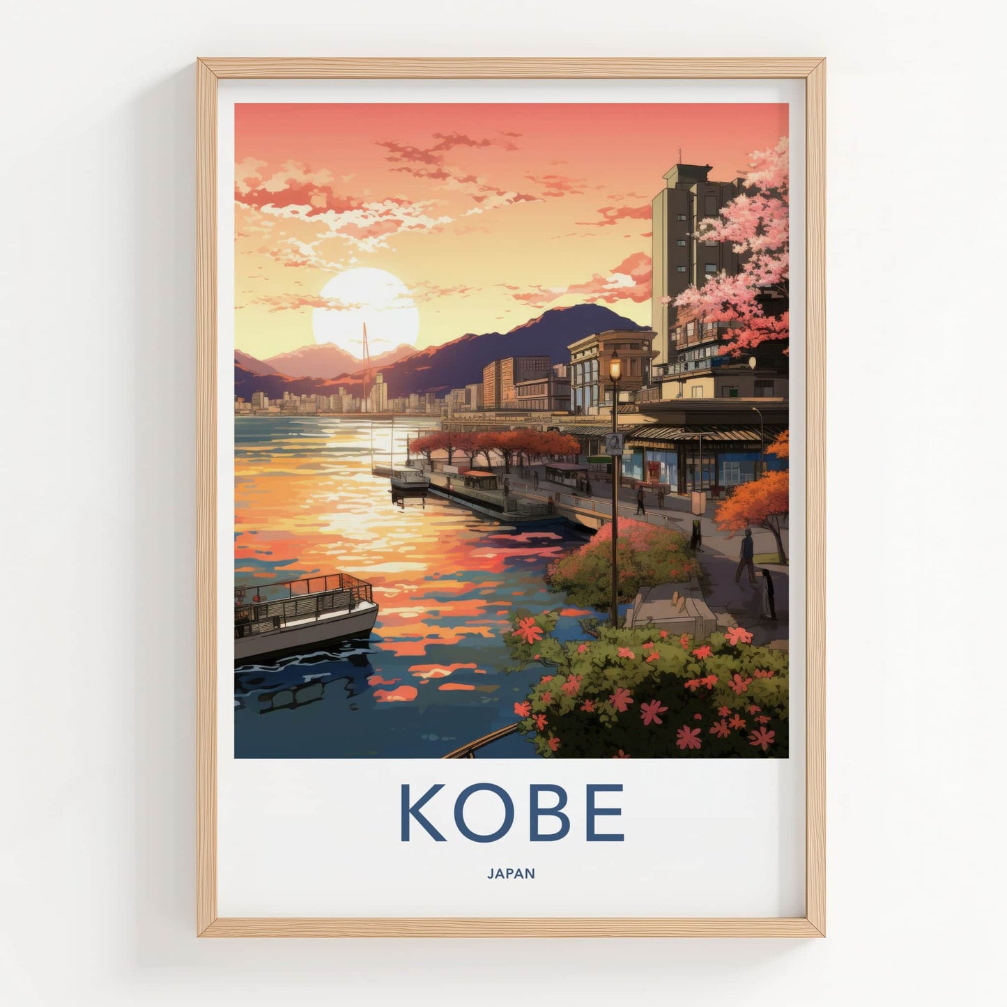 Kobe Poster - Japan Travel Art - Cherry Blossom Sunset Wall Decor