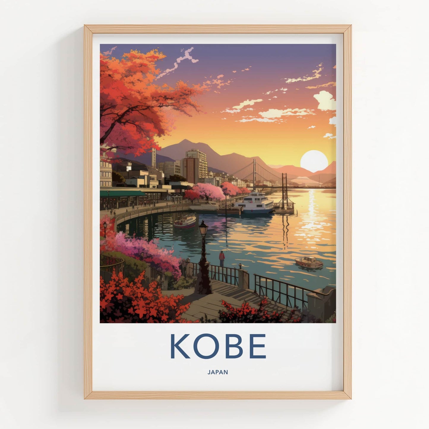 Kobe Poster - Japan Travel Art - Sunset Harbor Bloom Home Decor