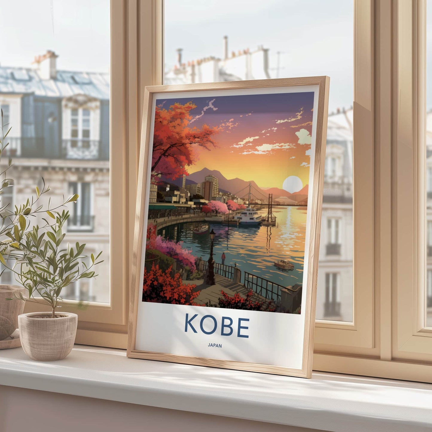Kobe Poster - Japan Travel Art - Sunset Harbor Bloom Home Decor