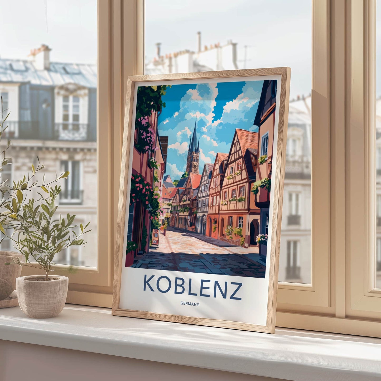 Koblenz Poster - Germany Travel Print - Historic Street Steeple Wall Decor