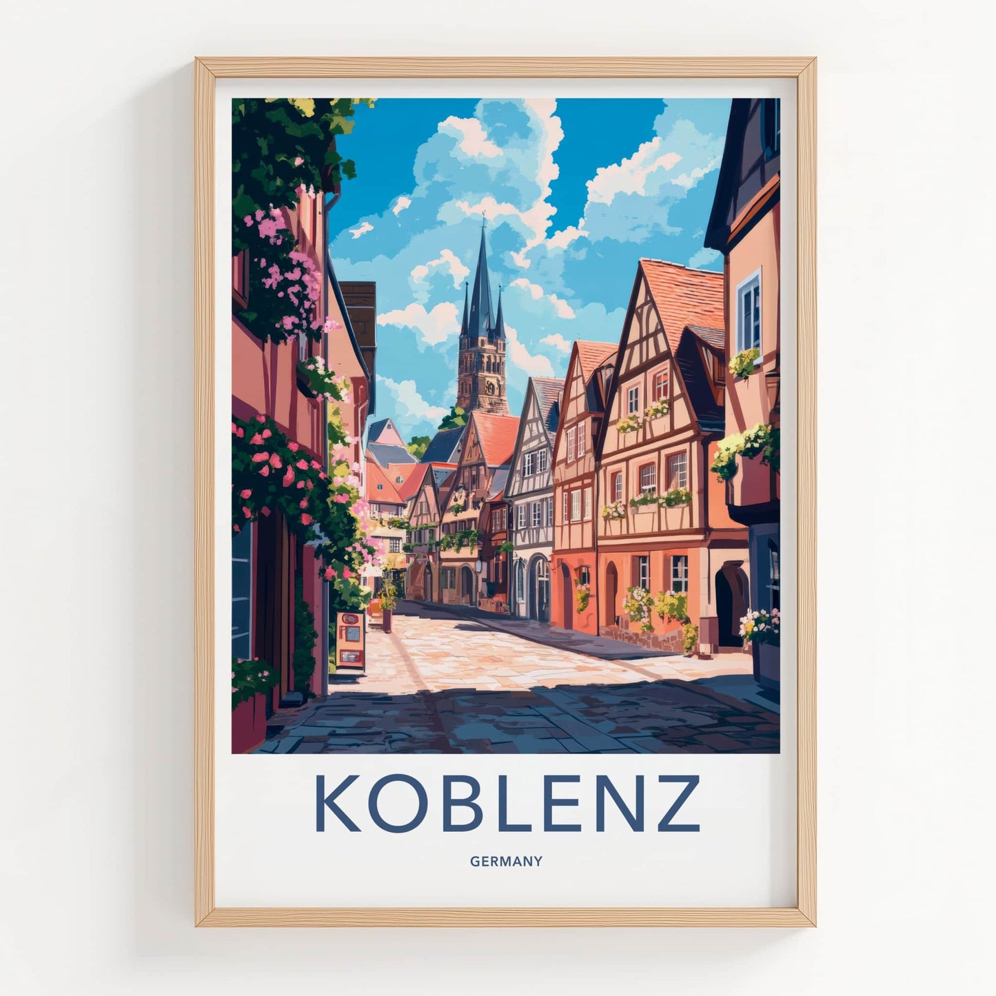 Koblenz Poster - Germany Travel Print - Historic Street Steeple Wall Decor