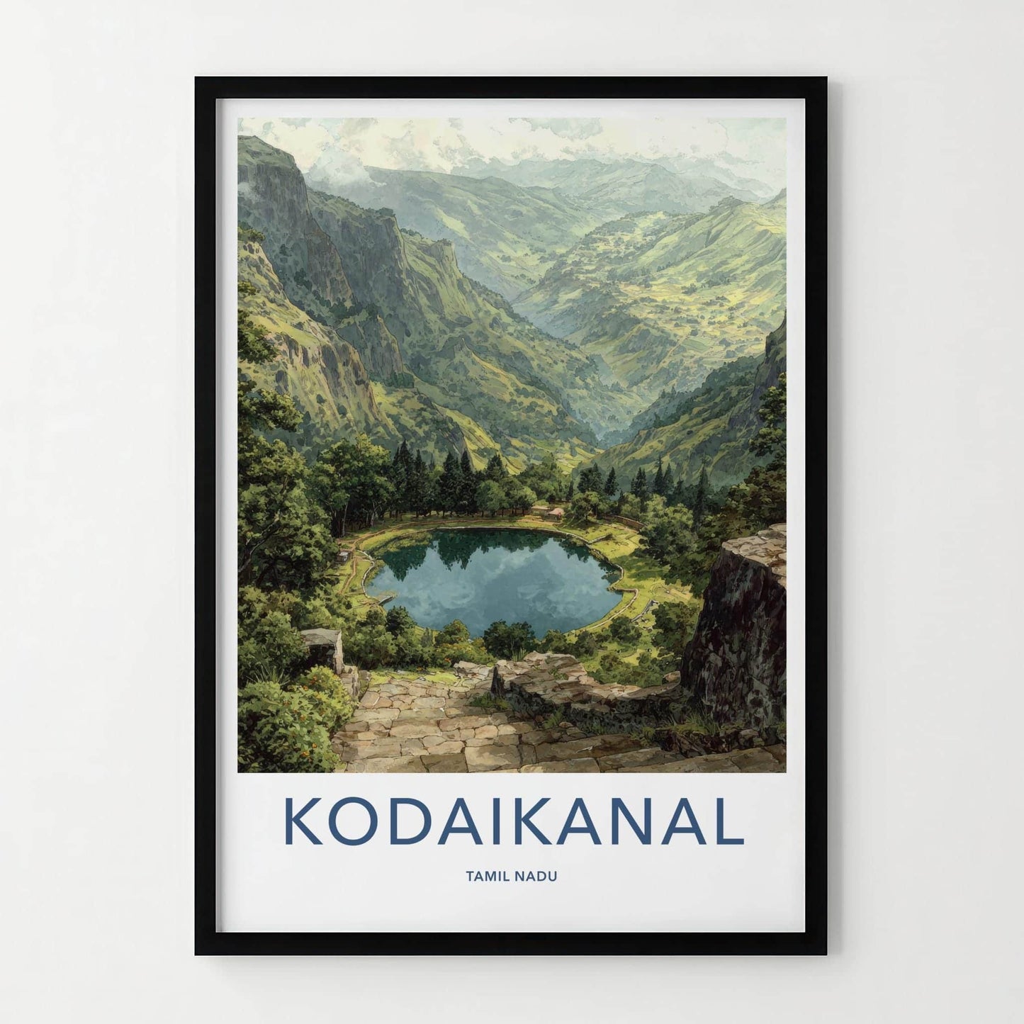 Kodaikanal Poster - India Travel Art - Tamil Nadu Mountain Lake Path Home Decor