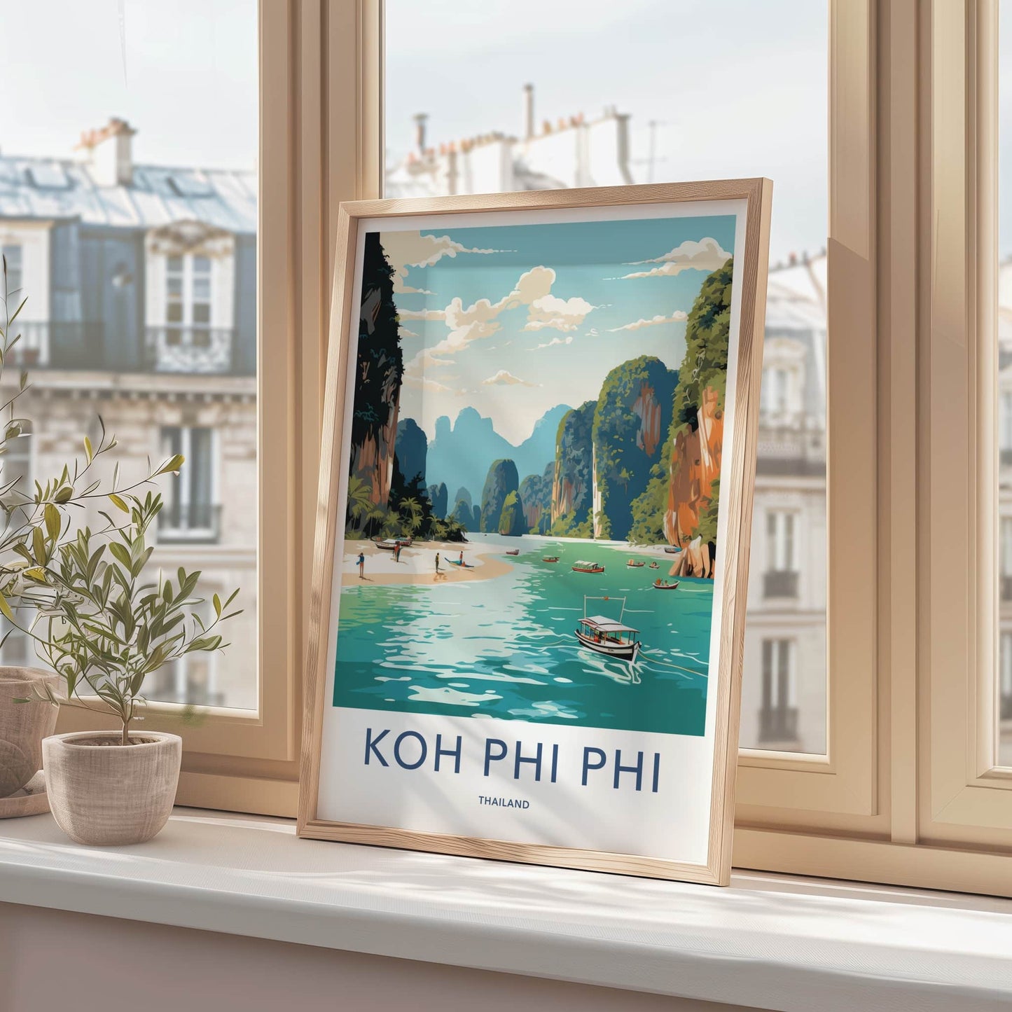 Koh Phi Phi Poster - Thailand Travel Art - Limestone Cliffs Beach Home Decor