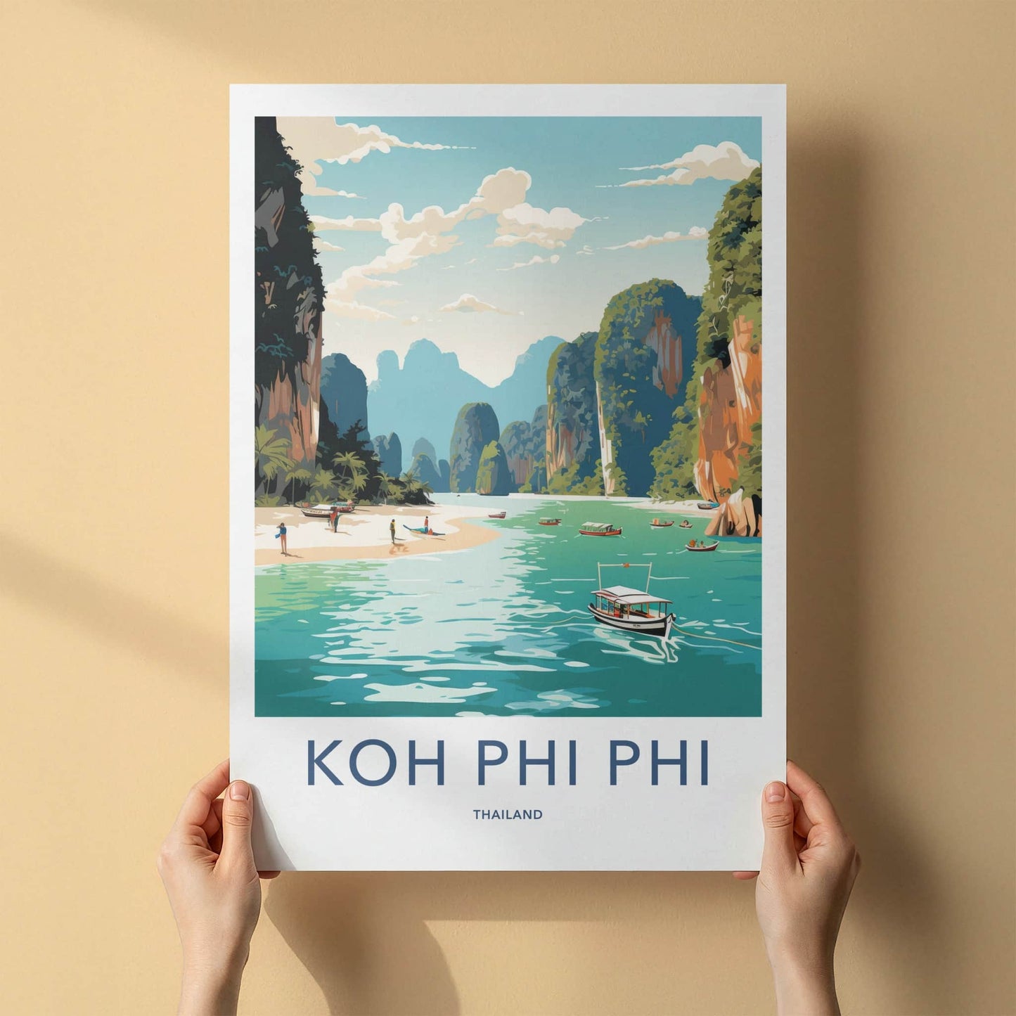 Koh Phi Phi Poster - Thailand Travel Art - Limestone Cliffs Beach Home Decor