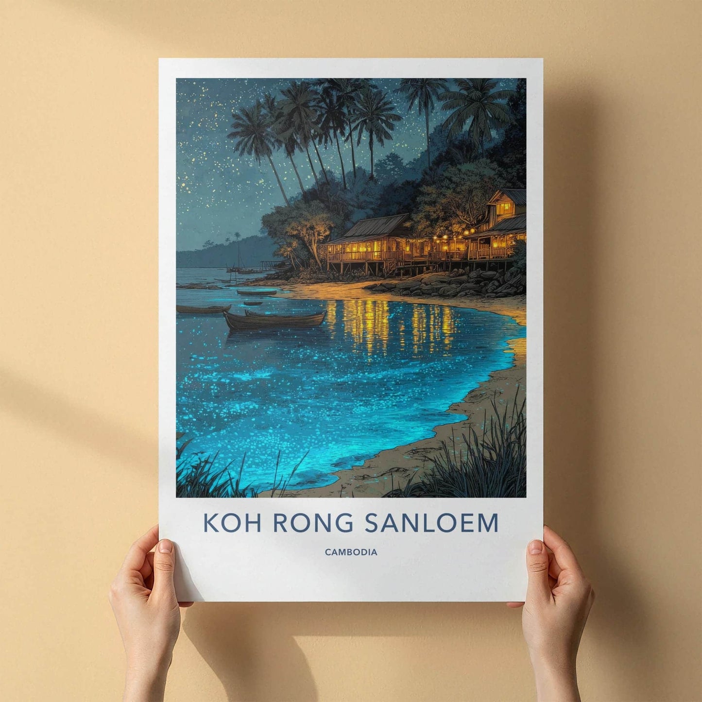 Koh Rong Sanloem Poster - Cambodia Travel Art - Glowing Beach Night Home Decor