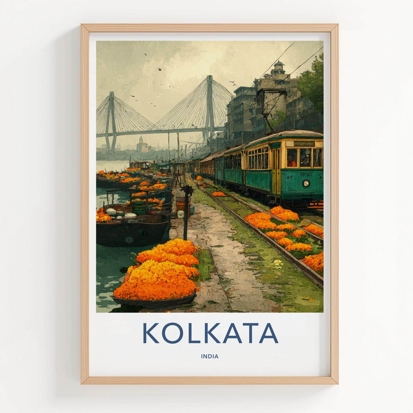 Kolkata Poster - India Travel Art - West Bengal Marigold Tram Bridge Home Decor
