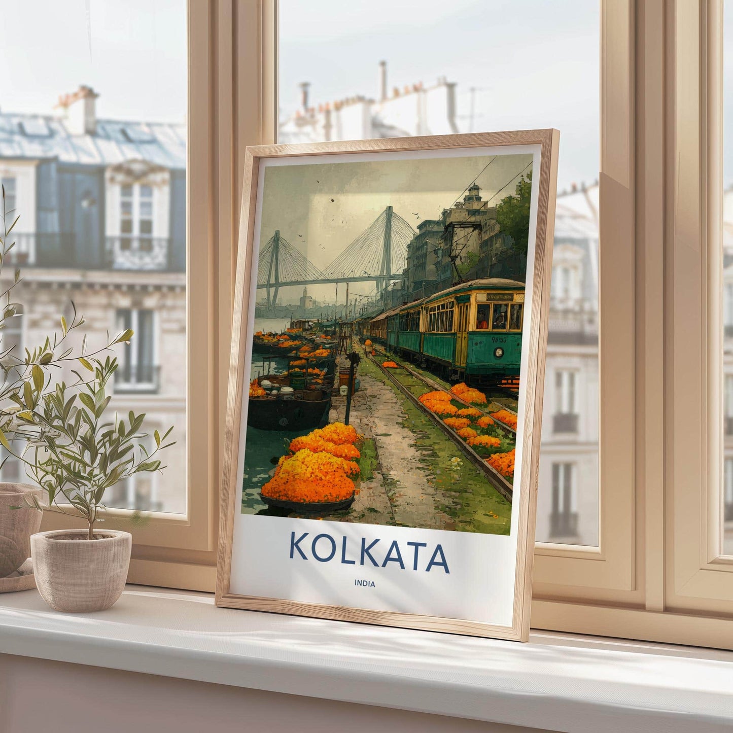 Kolkata Poster - India Travel Art - West Bengal Marigold Tram Bridge Home Decor
