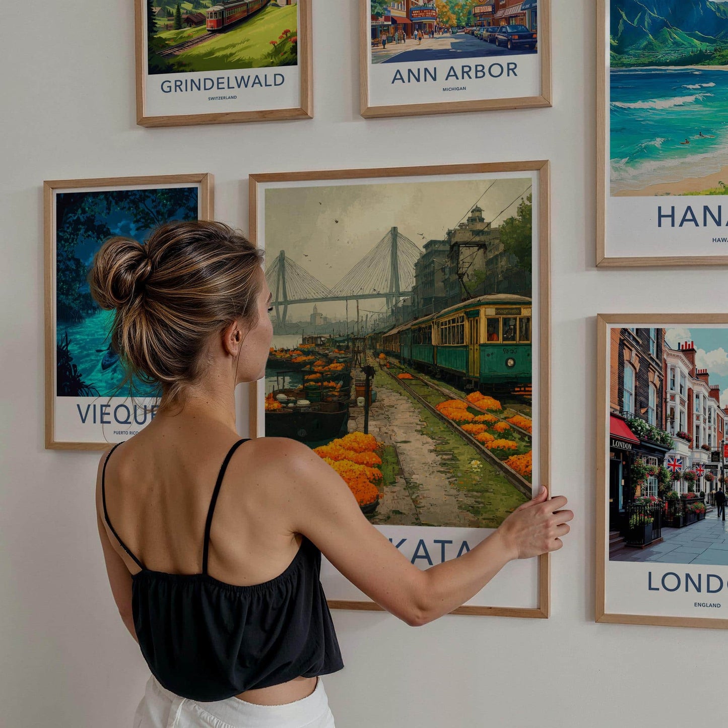 Kolkata Poster - India Travel Art - West Bengal Marigold Tram Bridge Home Decor