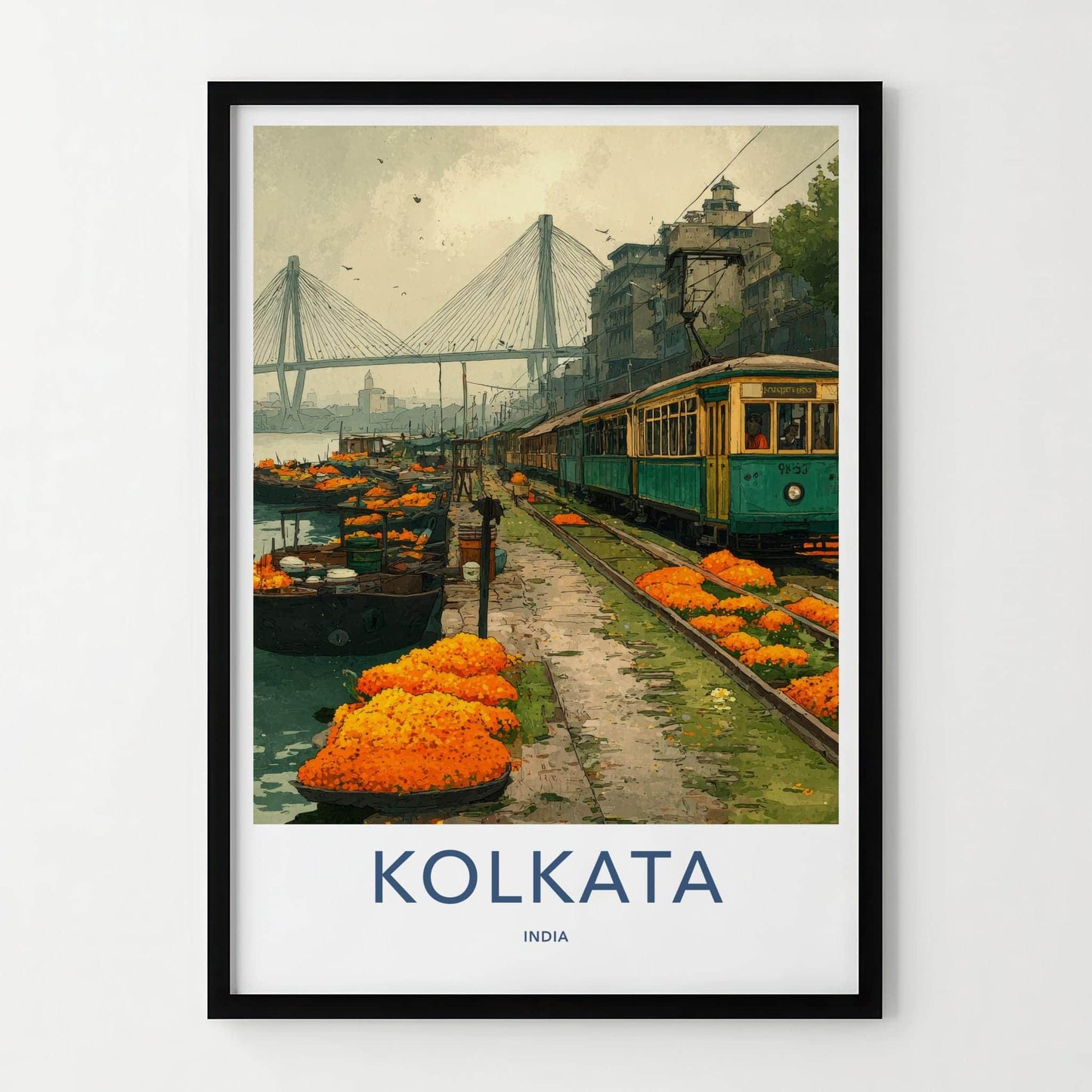 Kolkata Poster - India Travel Art - West Bengal Marigold Tram Bridge Home Decor