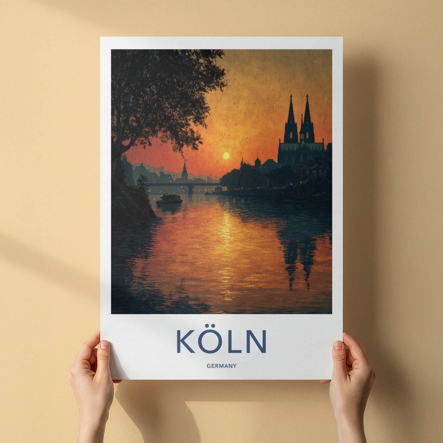 Koln Poster - Germany Travel Art - Cityscape River Sunset Home Decor