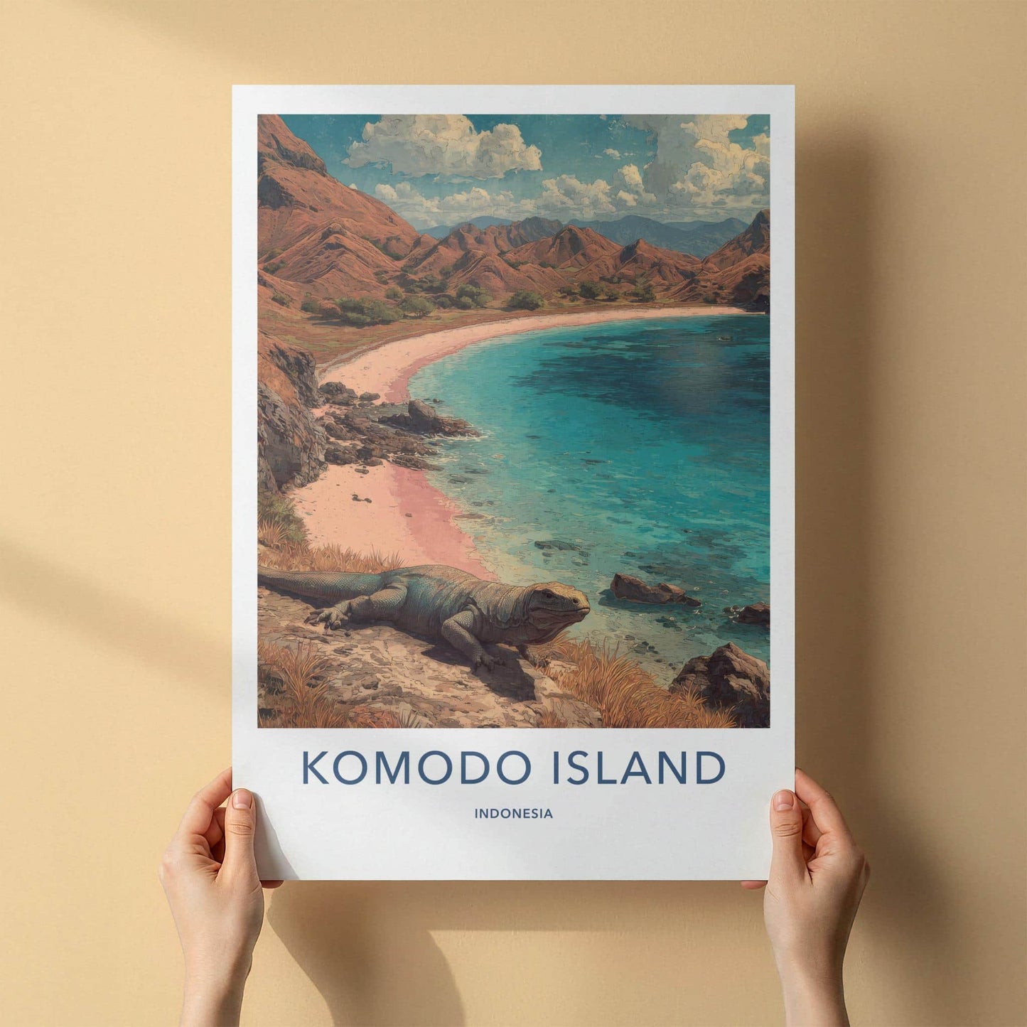 Komodo Island Poster - Indonesia Travel Art - Dragon Pink Beach Home Decor