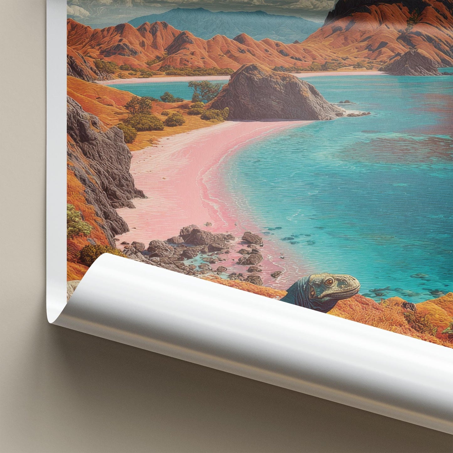 Komodo Island Poster - Indonesia Travel Art - Pink Beach Dragon Home Decor