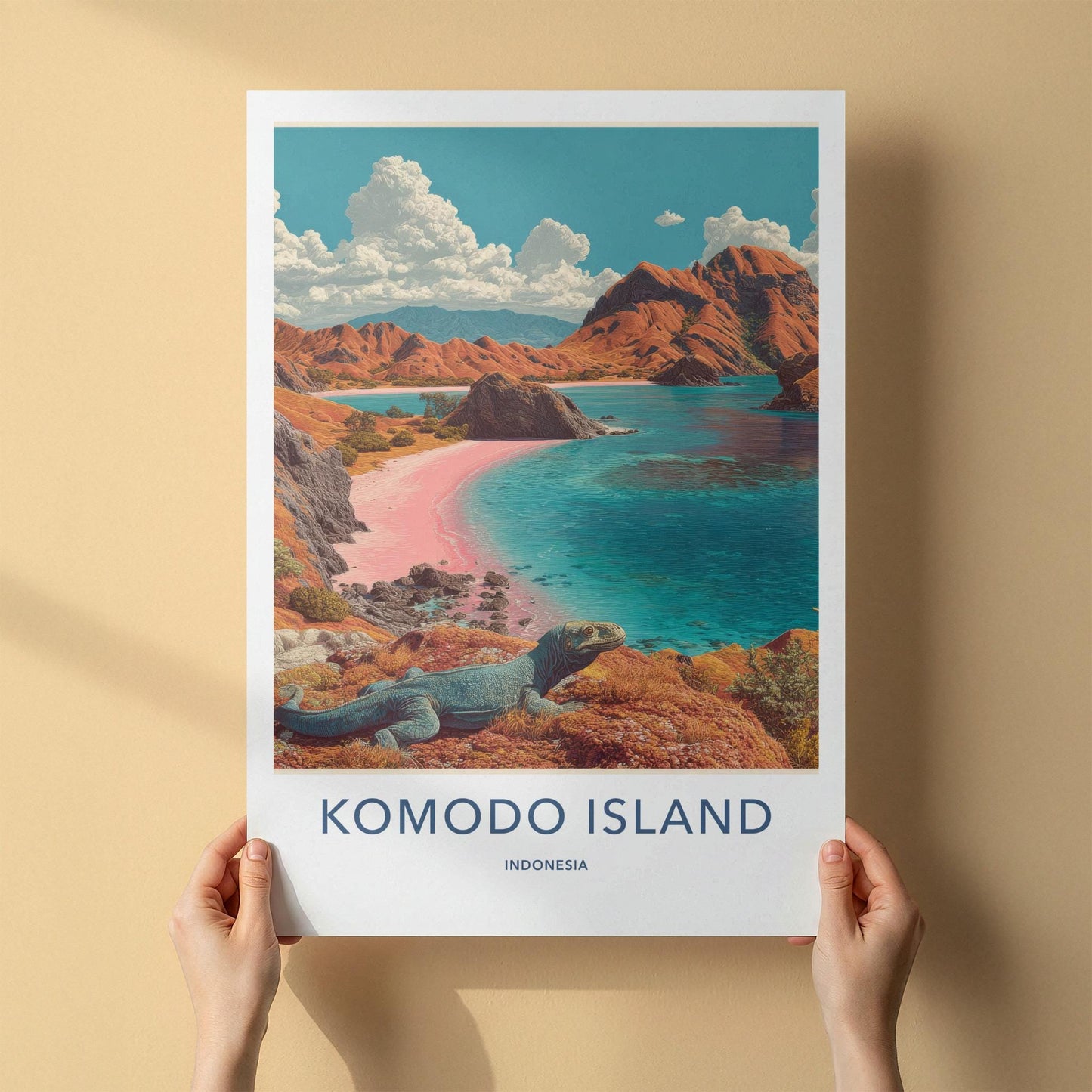 Komodo Island Poster - Indonesia Travel Art - Pink Beach Dragon Home Decor