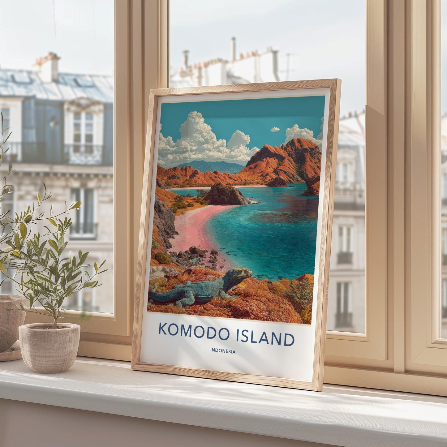 Komodo Island Poster - Indonesia Travel Art - Pink Beach Dragon Home Decor