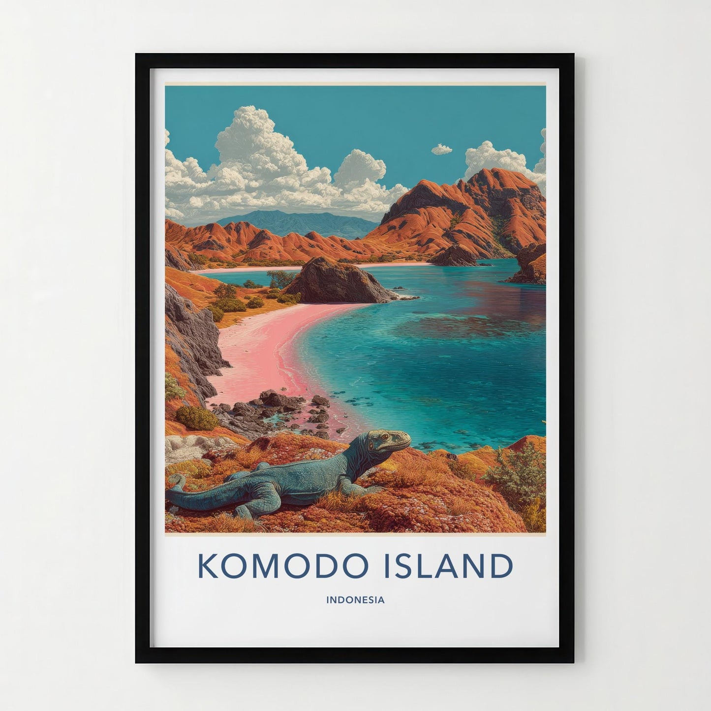 Komodo Island Poster - Indonesia Travel Art - Pink Beach Dragon Home Decor