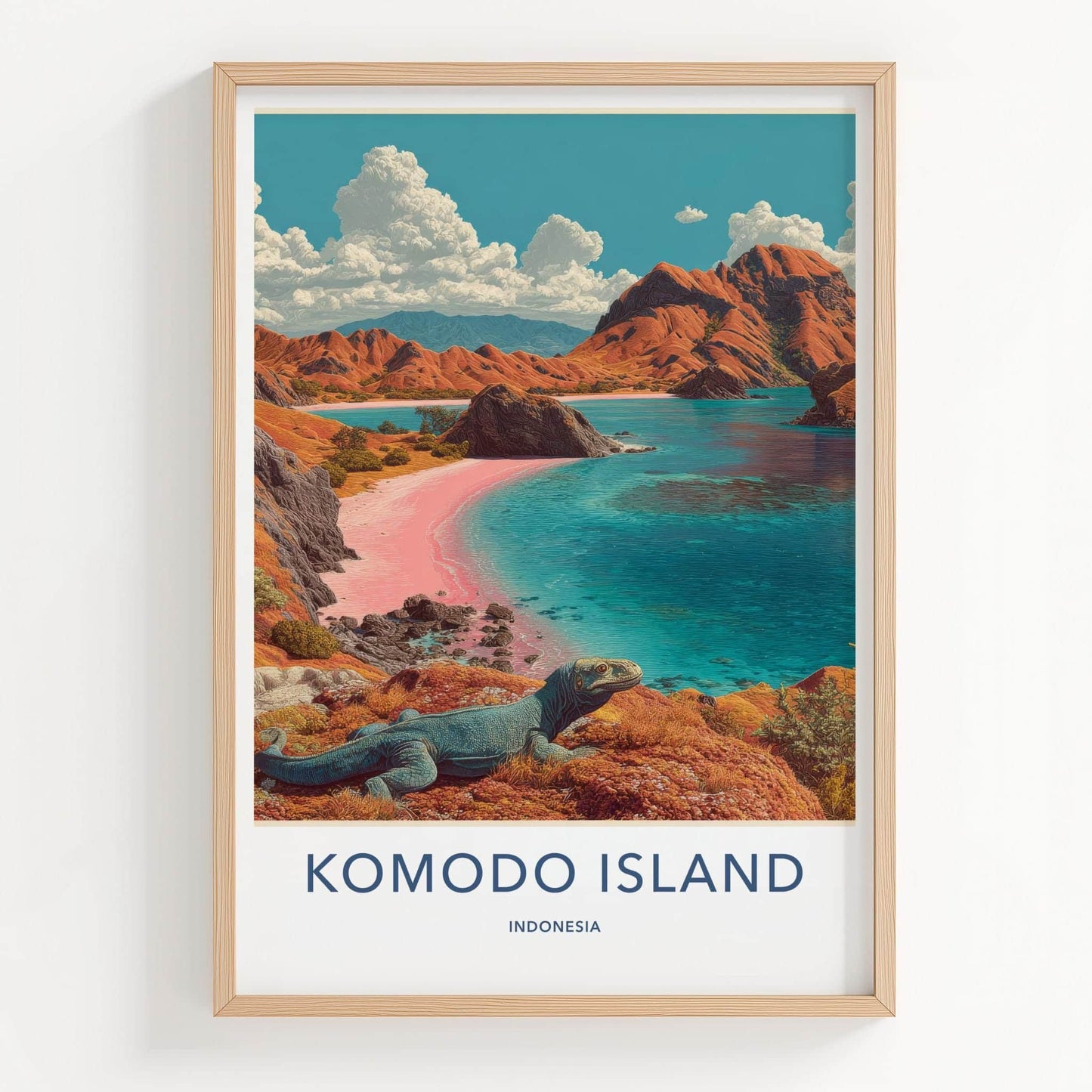 Komodo Island Poster - Indonesia Travel Art - Pink Beach Dragon Home Decor