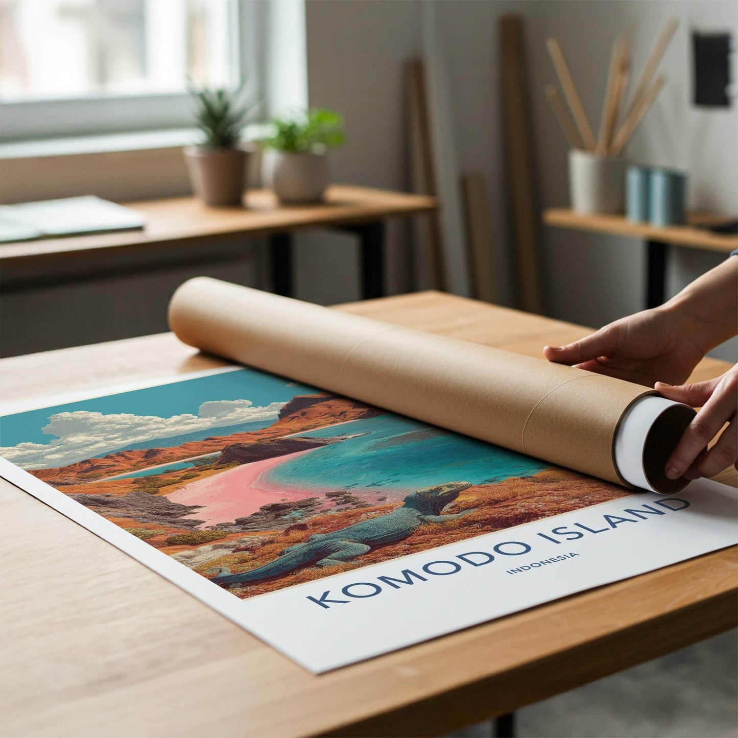 Komodo Island Poster - Indonesia Travel Art - Pink Beach Dragon Home Decor