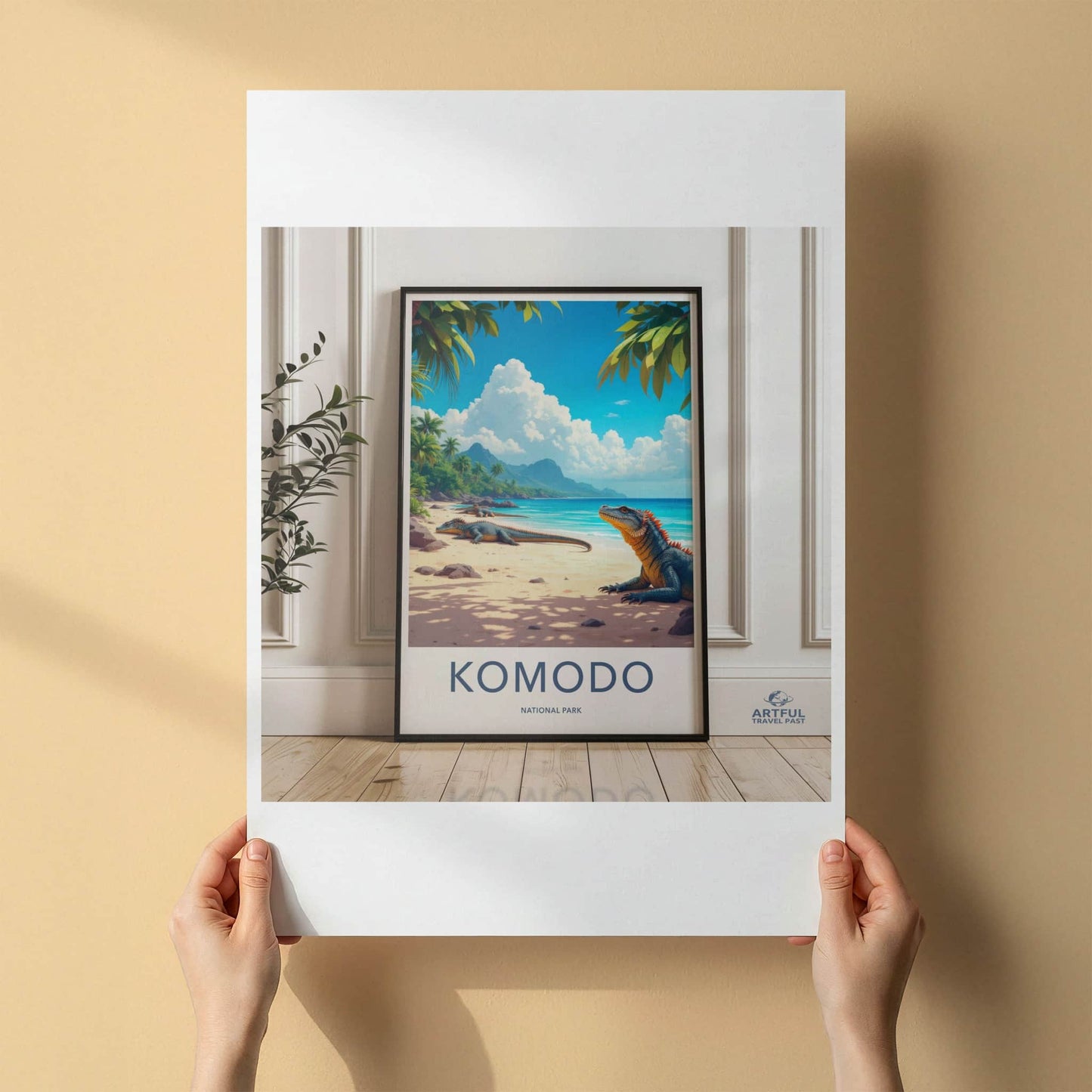 Komodo National Park Poster - Indonesia Travel Art - Lizard Beach Ocean Home Decor