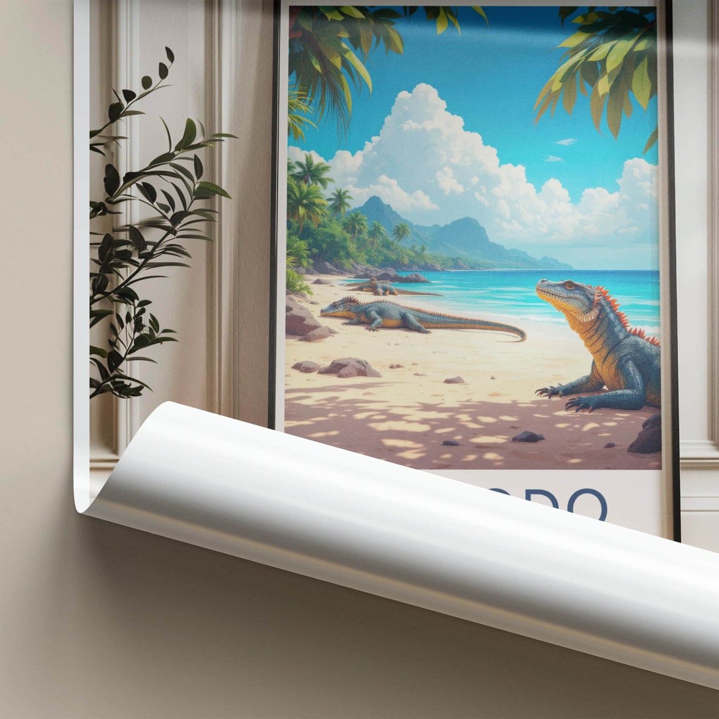 Komodo National Park Poster - Indonesia Travel Art - Lizard Beach Ocean Home Decor