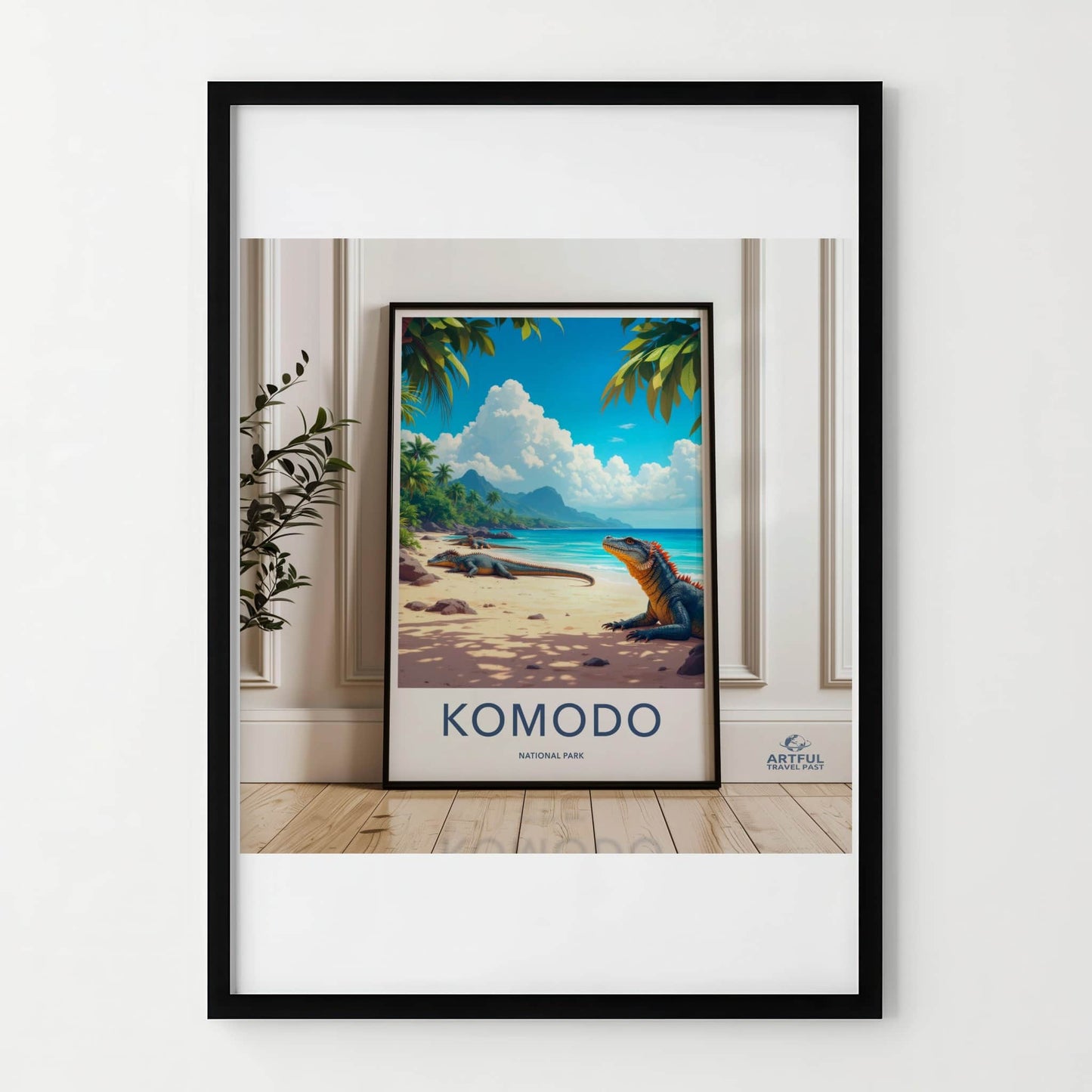 Komodo National Park Poster - Indonesia Travel Art - Lizard Beach Ocean Home Decor