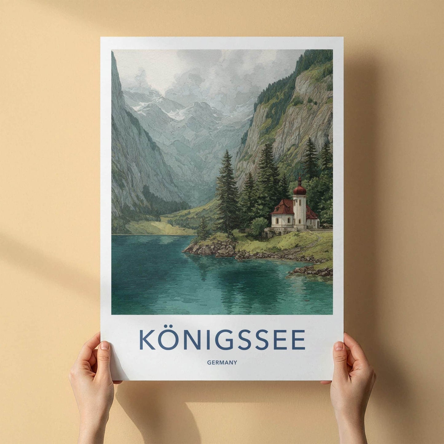 Konigssee Poster - Germany Travel Art - Alpine Lake Chapel Wall Decor